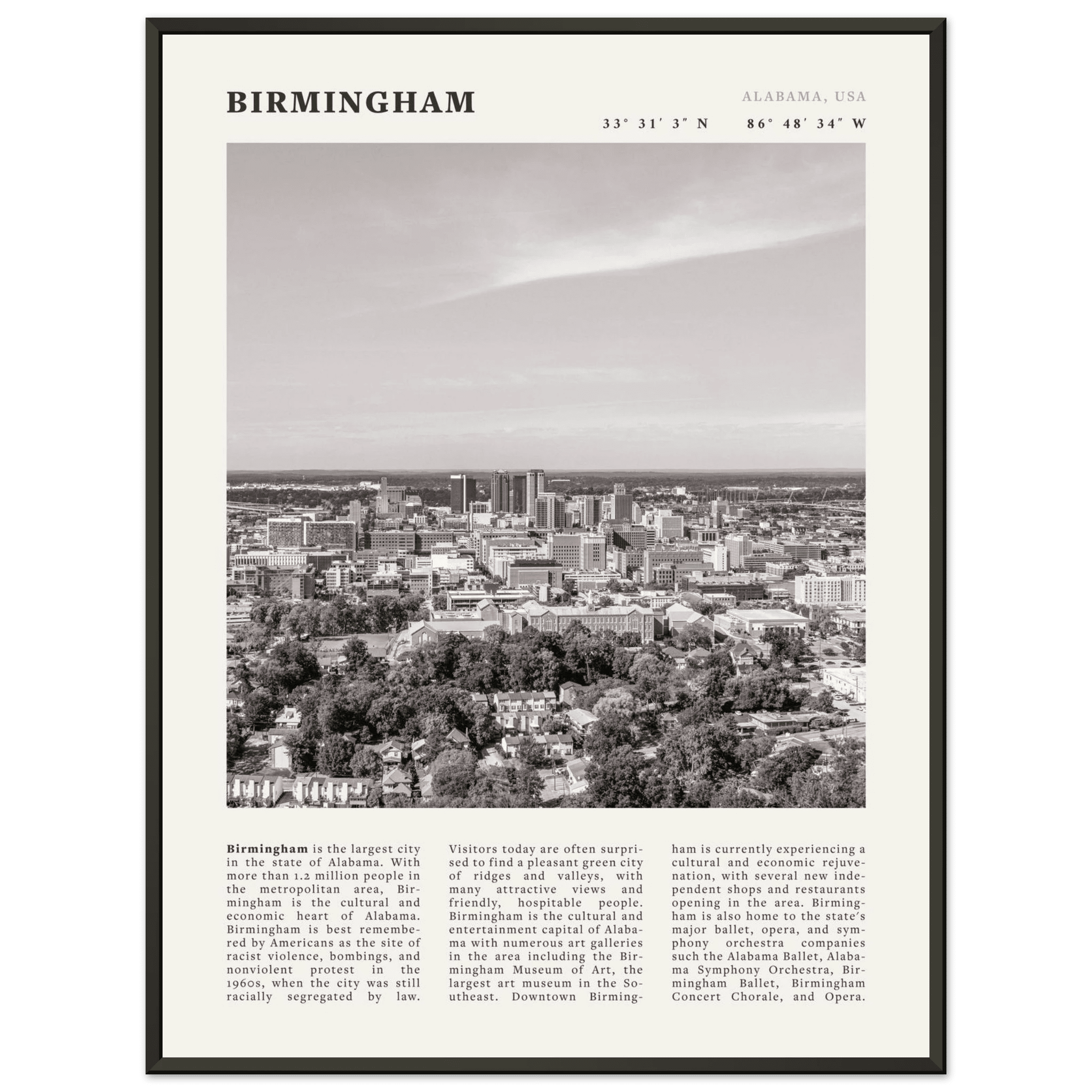 Birmingham Poster | Black & White Alabama Skyline Wall Art | AL Travel Print - Evergreen Posters