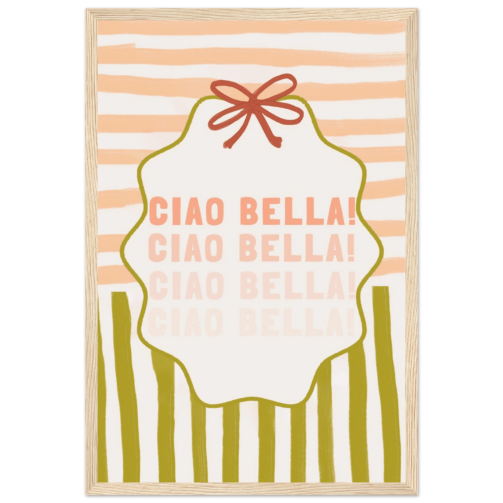 Ciao Bella Poster | Italian Typography Wall Art | Retro Stripe Bow Print | Cute Room Decor - Evergreen Posters