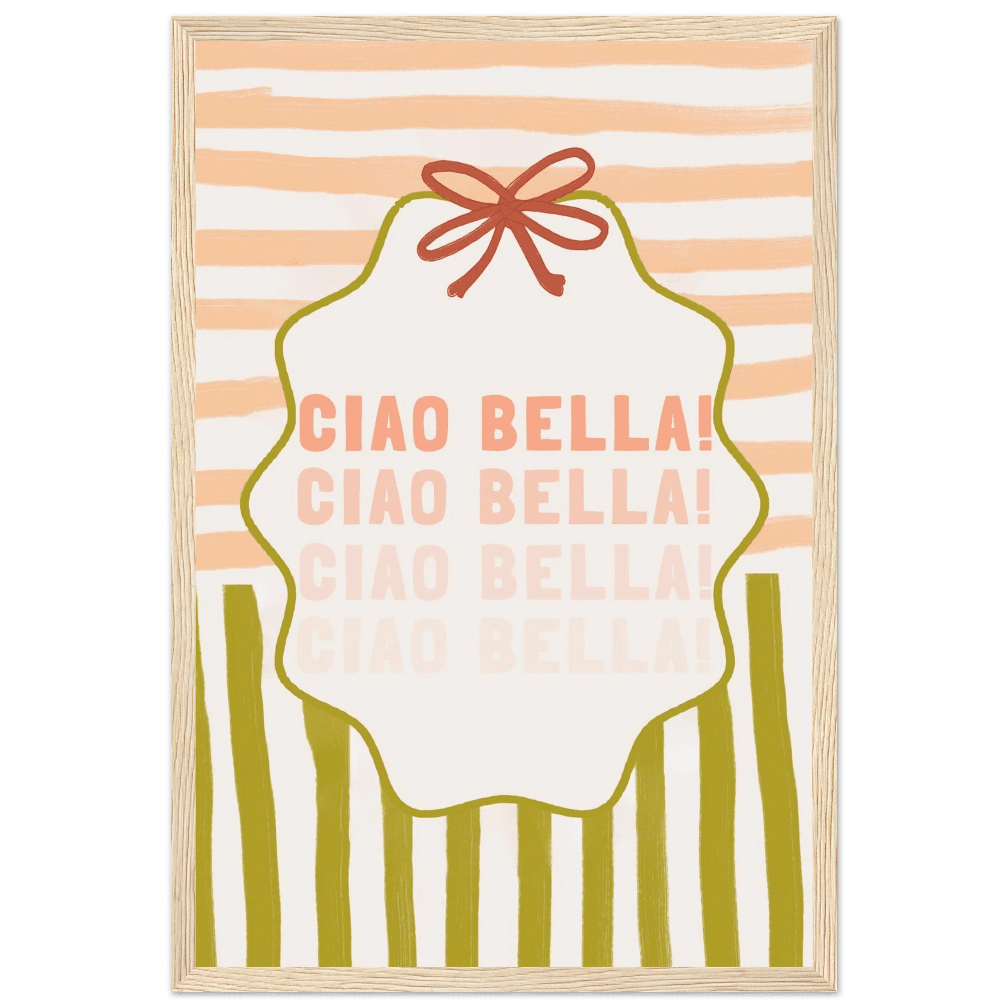 Ciao Bella Poster | Italian Typography Wall Art | Retro Stripe Bow Print | Cute Room Decor - Evergreen Posters