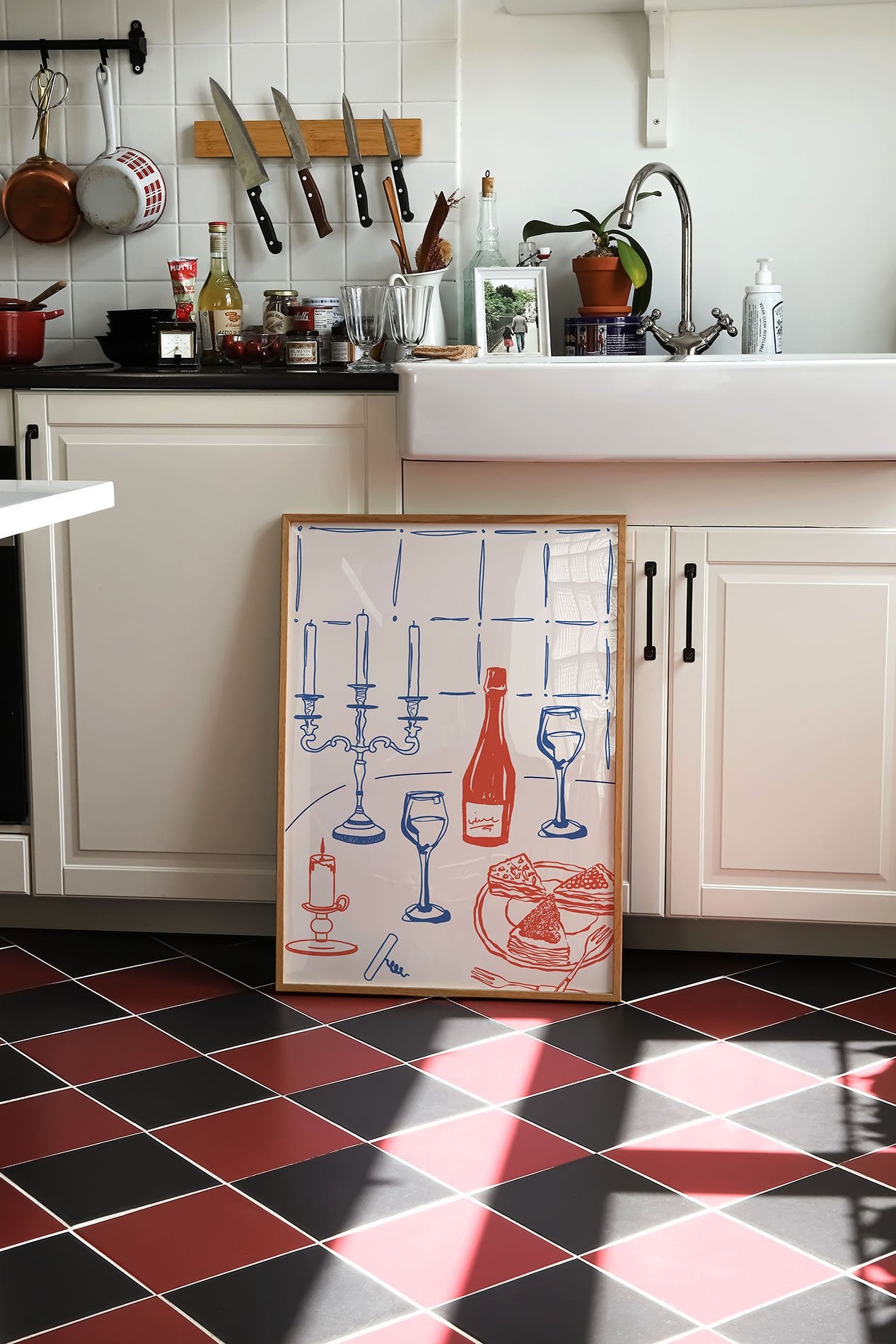 Candlelight Dinner Print | Wine & Candelabra Line Art Wall Art | Kitchen Poster - Evergreen Posters