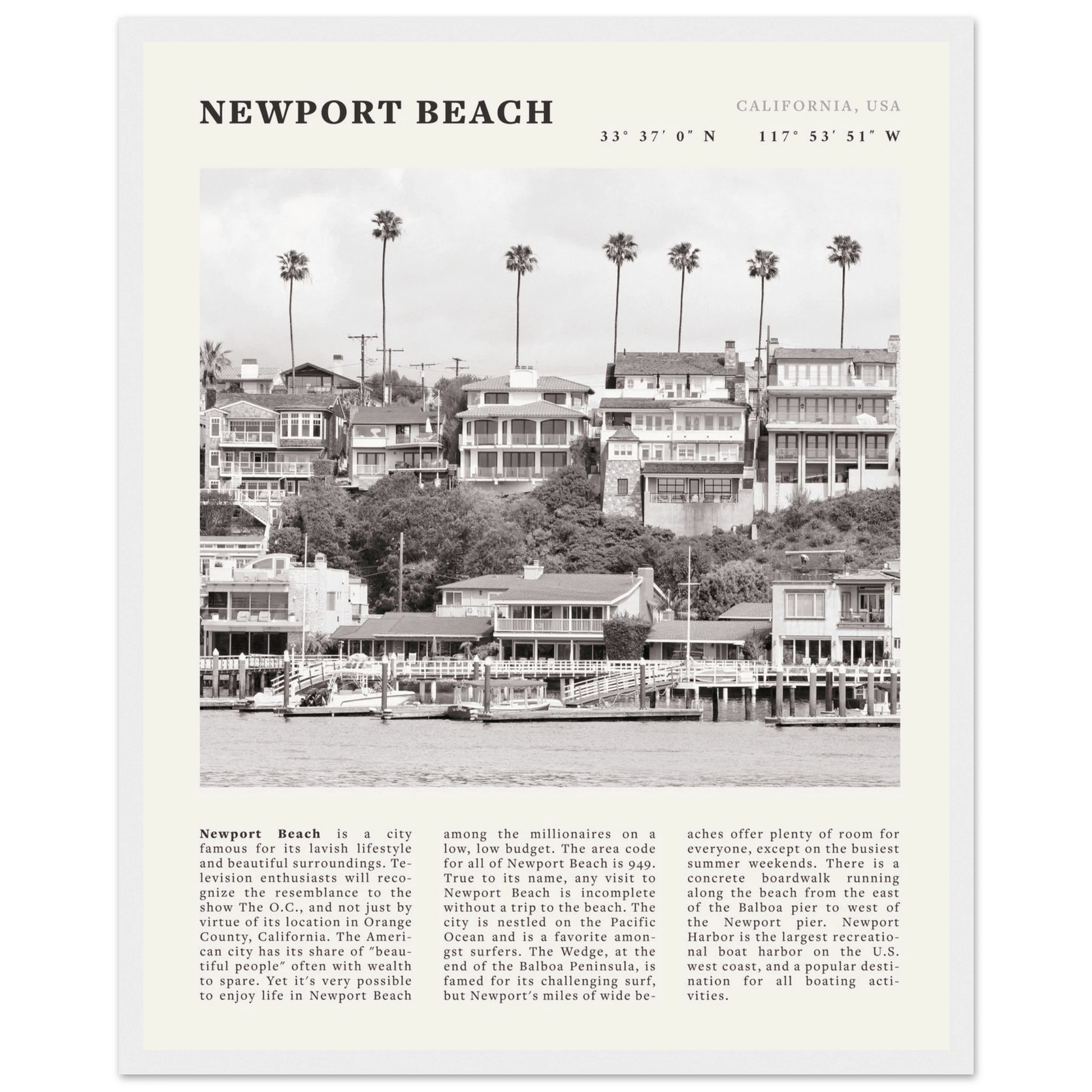 Newport Beach Poster | Black & White California Harbor Wall Art | Coastal Print - Evergreen Posters
