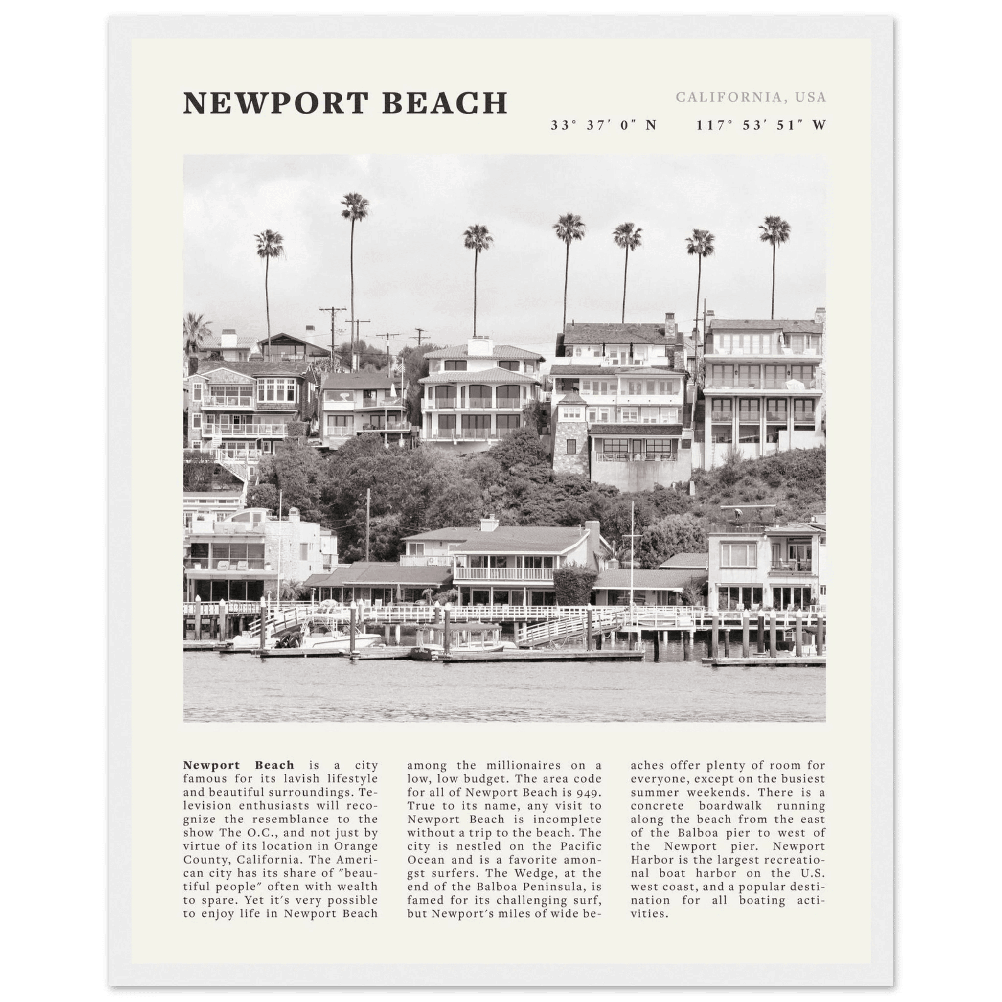 Newport Beach Poster | Black & White California Harbor Wall Art | Coastal Print - Evergreen Posters