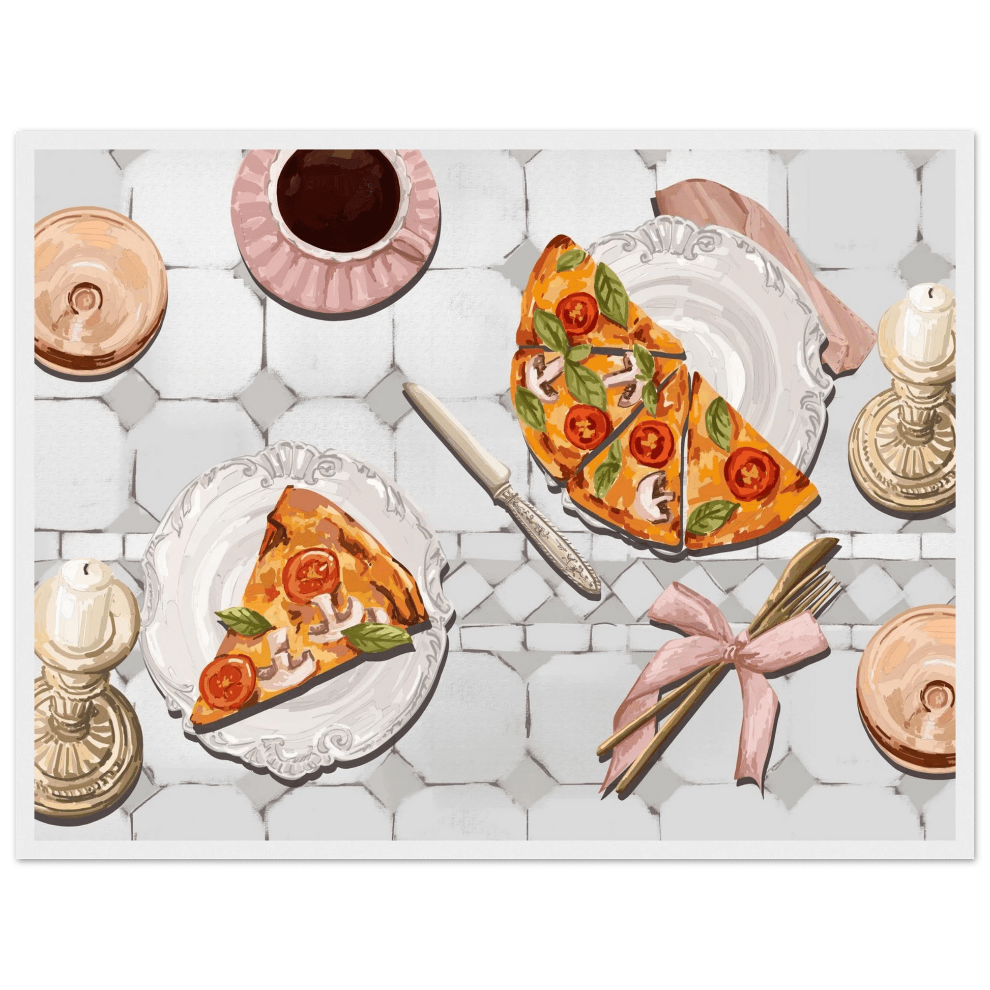 Pizza & Tea Kitchen Poster | Horizontal Food Wall Art | Italian Dining Room Print - Evergreen Posters