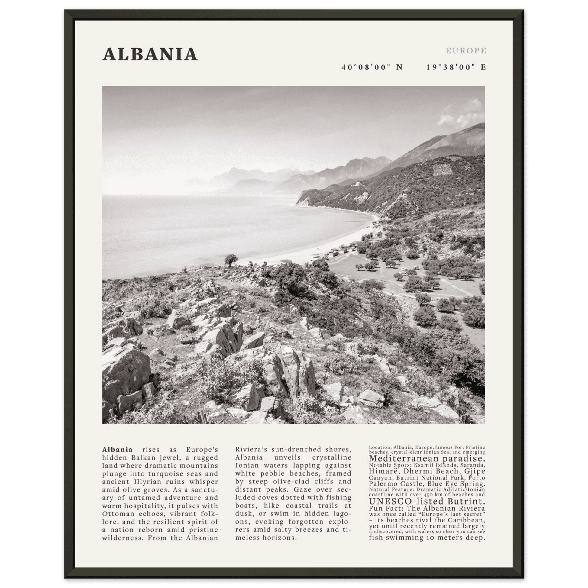 Albania Poster Black and White – Vintage Albanian Riviera Travel Print (Digital & Printed Options) - Evergreen Posters