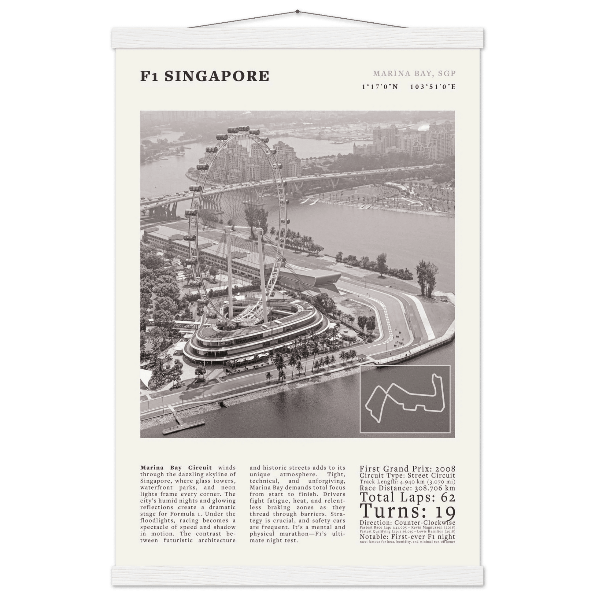 F1 Singapore Poster Black and White – Vintage Marina Bay Night Race Print (Digital & Printed Options) - Evergreen Posters