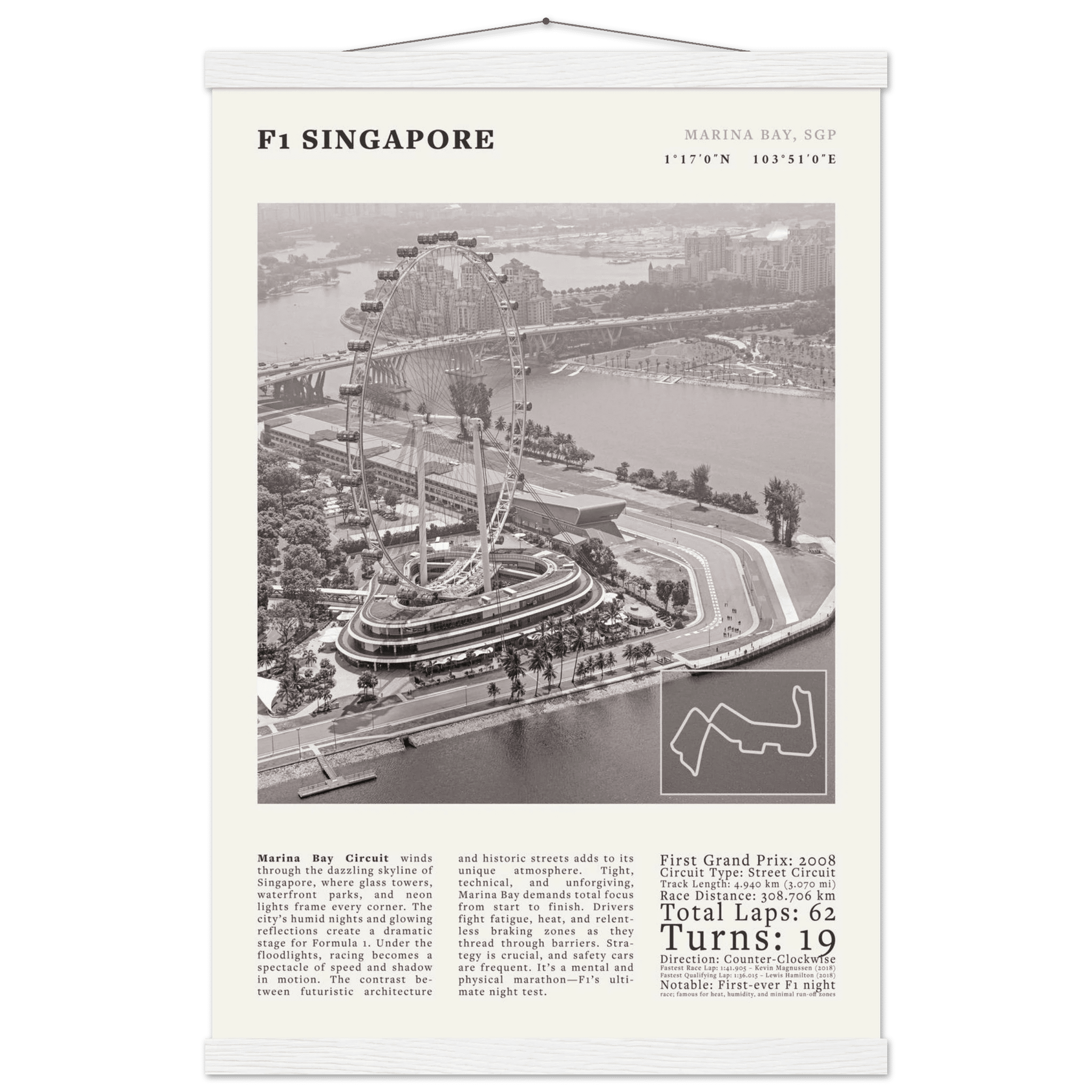F1 Singapore Poster Black and White – Vintage Marina Bay Night Race Print (Digital & Printed Options) - Evergreen Posters