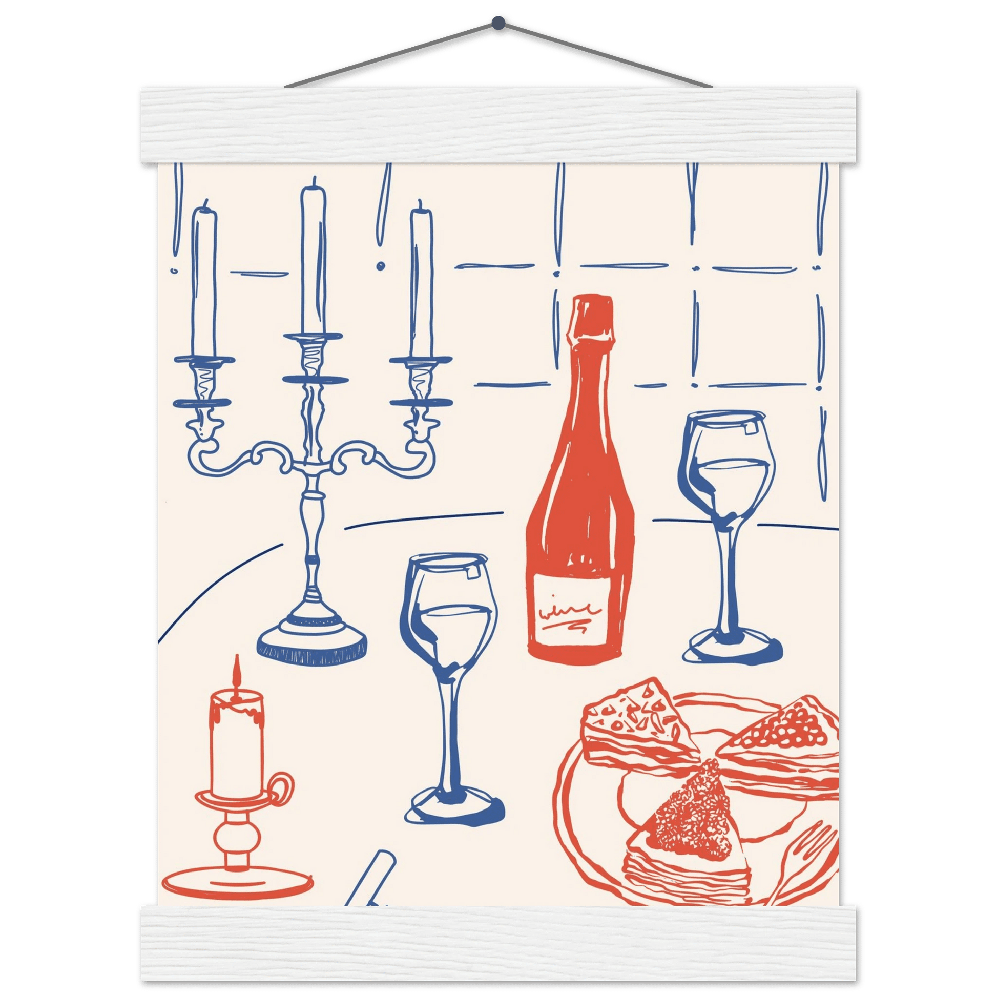 Candlelight Dinner Print | Wine & Candelabra Line Art Wall Art | Kitchen Poster - Evergreen Posters