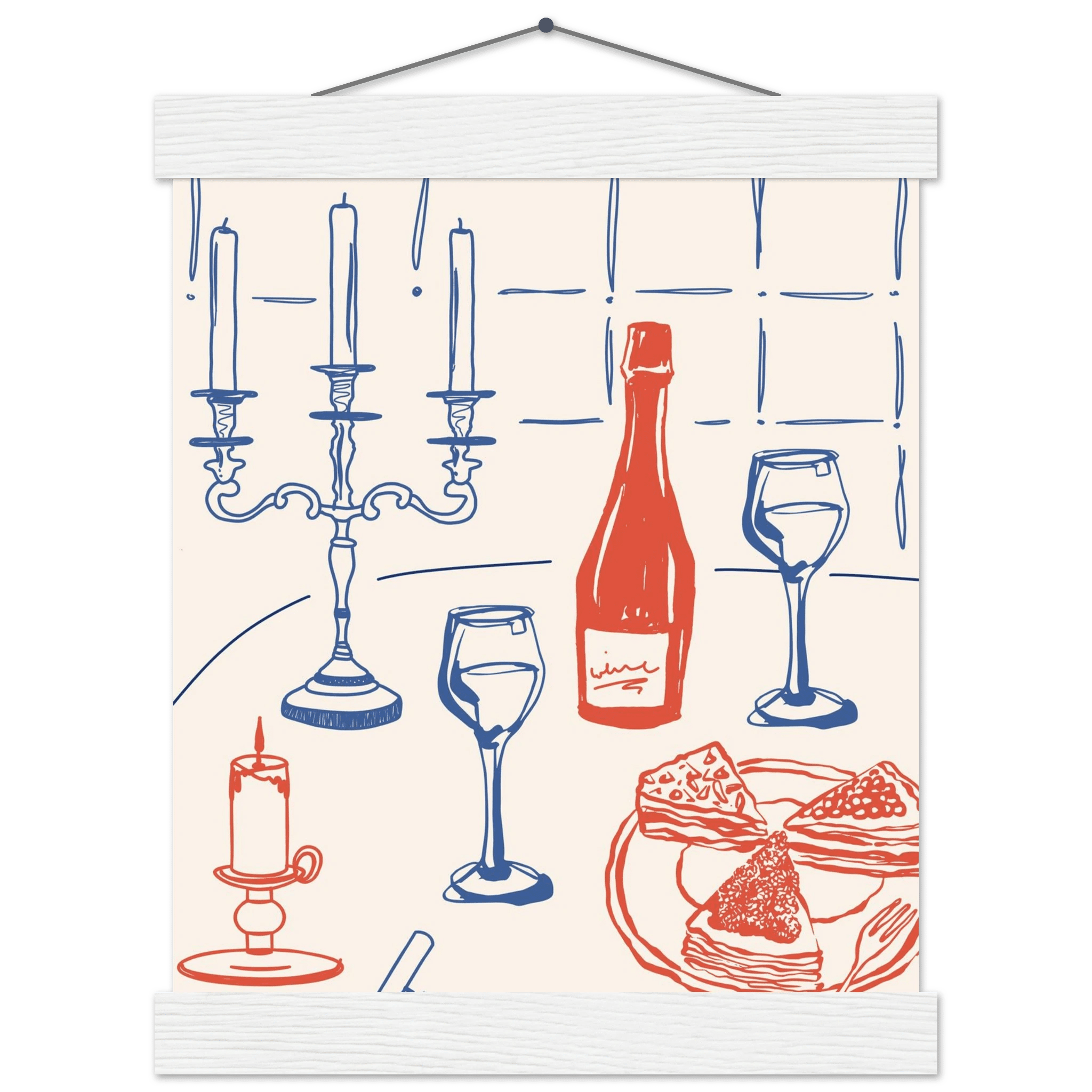Candlelight Dinner Print | Wine & Candelabra Line Art Wall Art | Kitchen Poster - Evergreen Posters