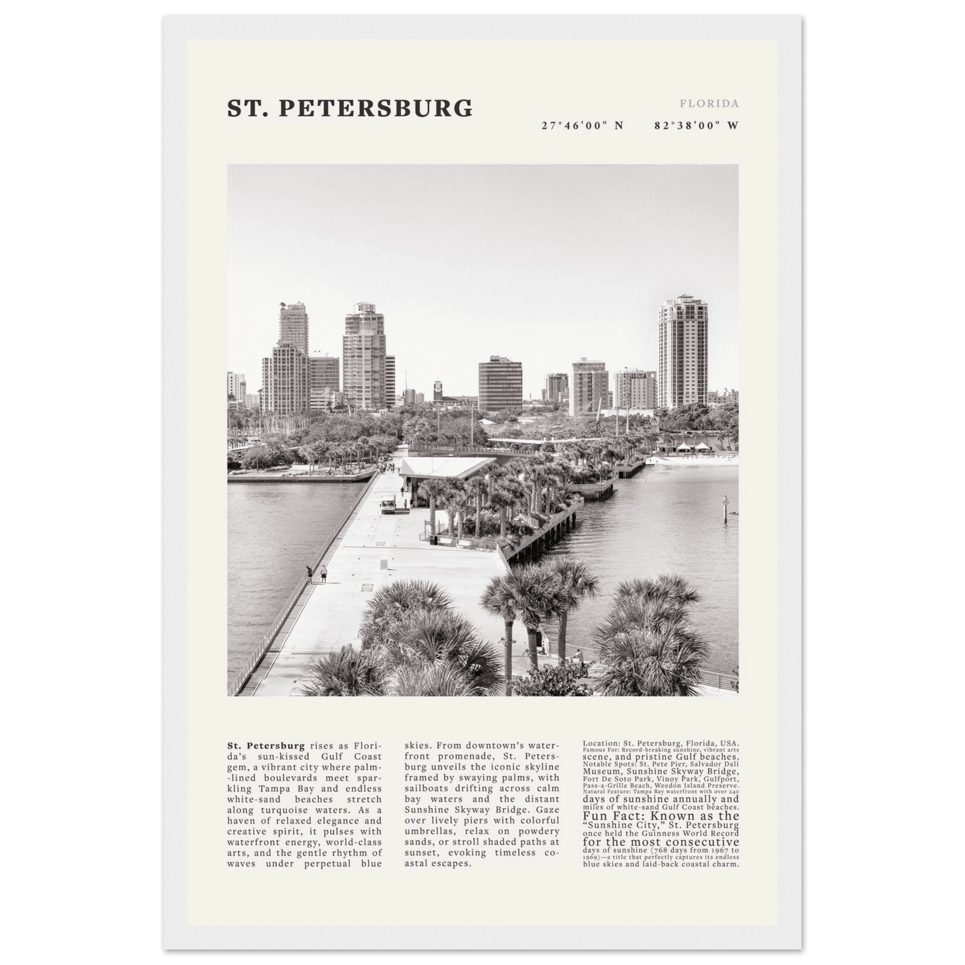 St. Petersburg Florida Poster Black and White – Vintage St Pete Skyline Print (Digital & Printed Options) - Evergreen Posters