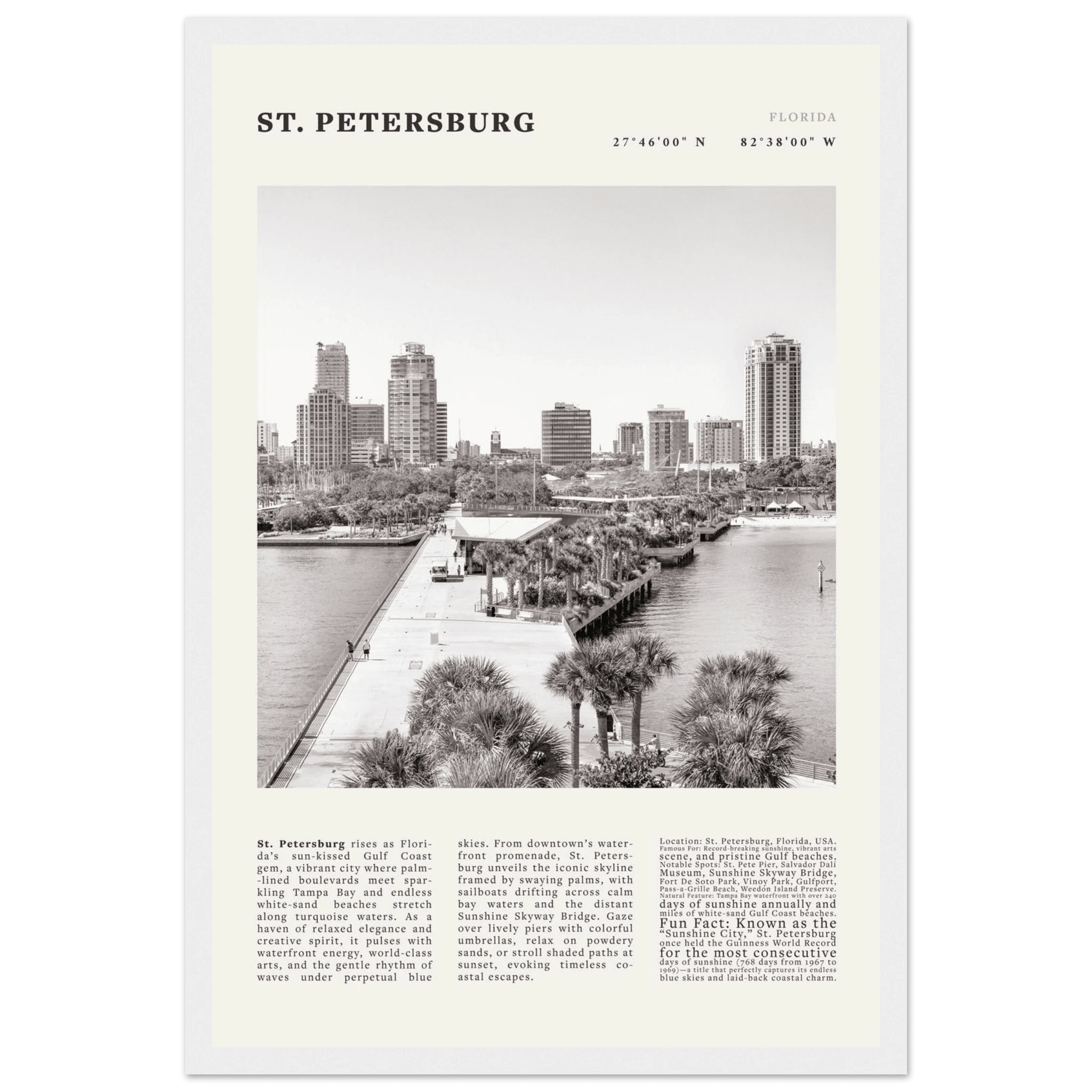 St. Petersburg Florida Poster Black and White – Vintage St Pete Skyline Print (Digital & Printed Options) - Evergreen Posters