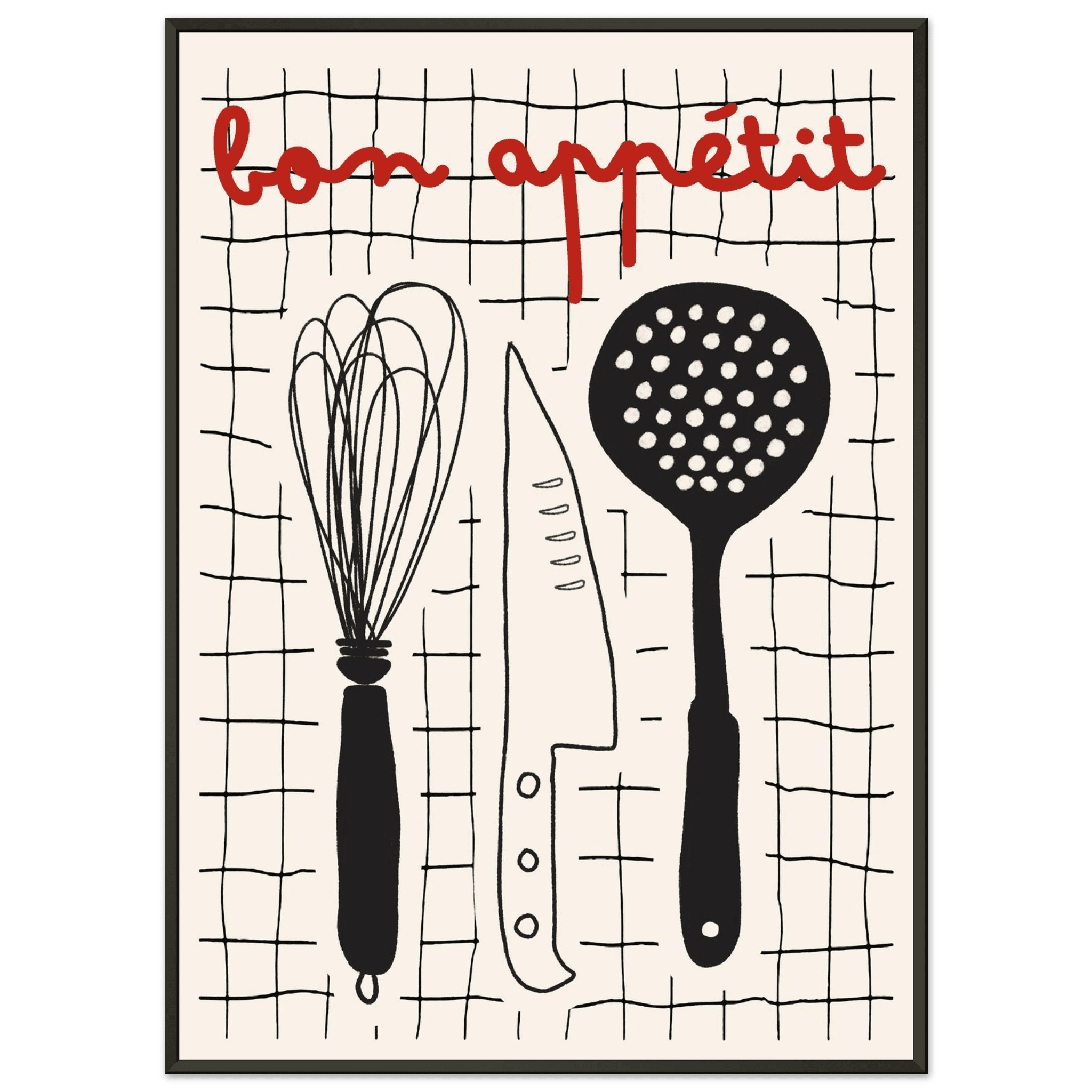 Bon Appétit French Kitchen Print | Bold Black Red Wall Art Poster - Evergreen Posters