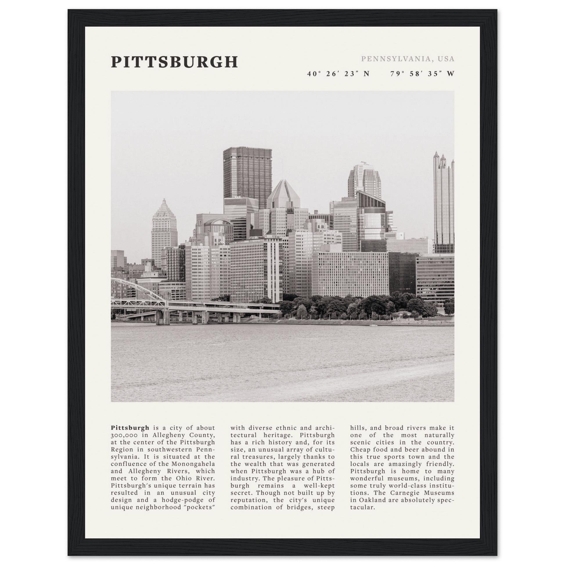 Pittsburgh Poster | Black & White Pennsylvania Skyline Wall Art | PA Travel Print - Evergreen Posters