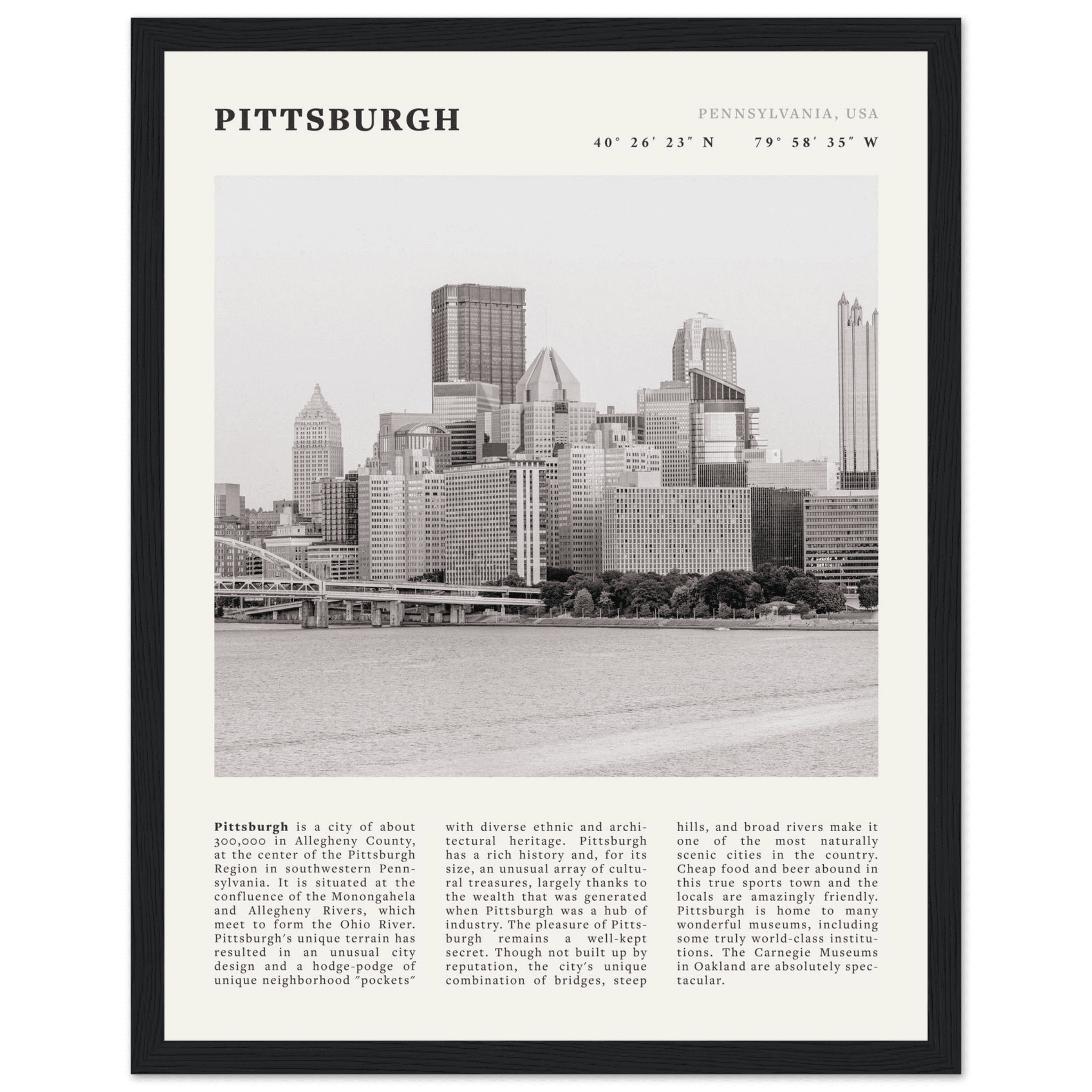 Pittsburgh Poster | Black & White Pennsylvania Skyline Wall Art | PA Travel Print - Evergreen Posters