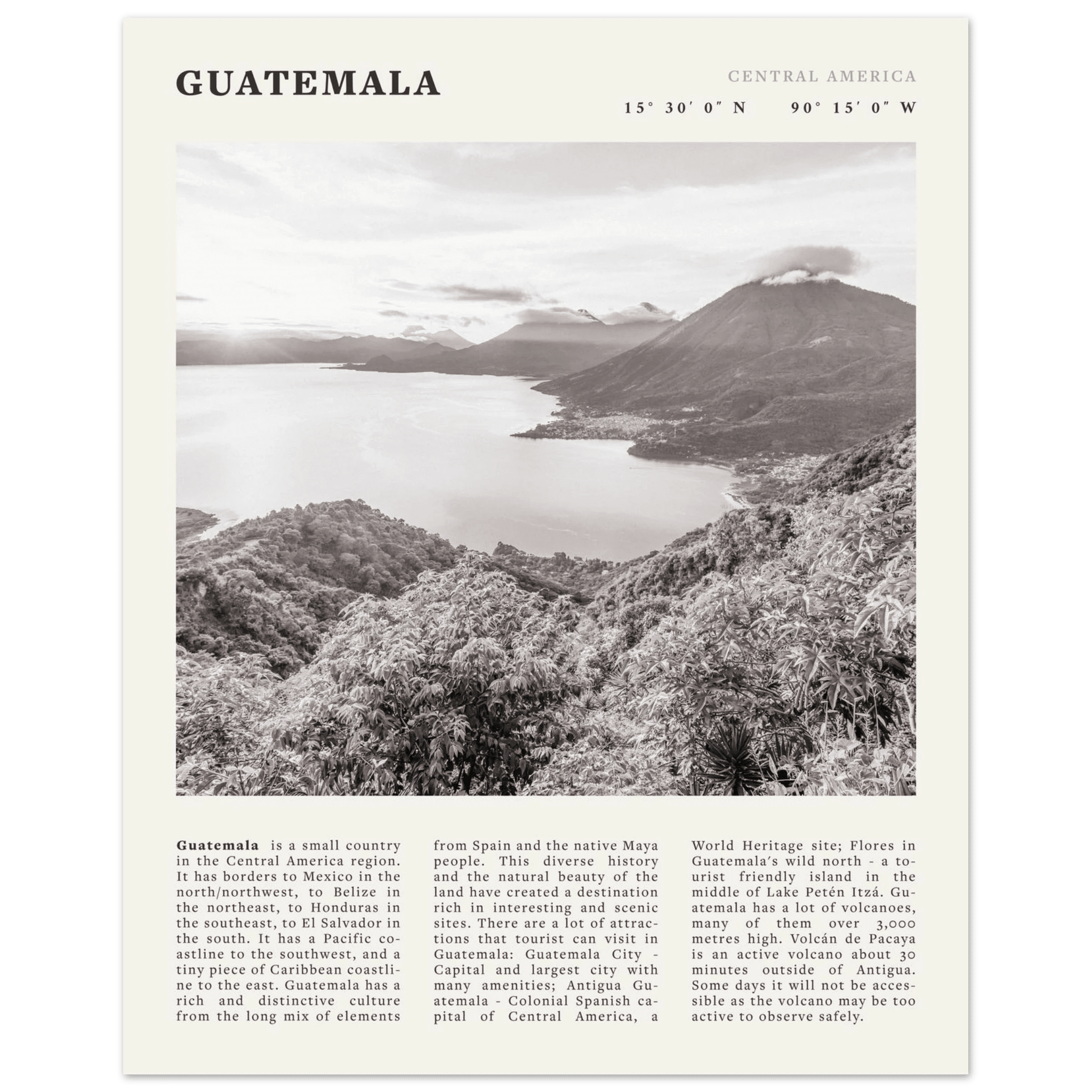 Guatemala Poster | Black & White Lake Atitlan Wall Art | Central America Travel Print - Evergreen Posters
