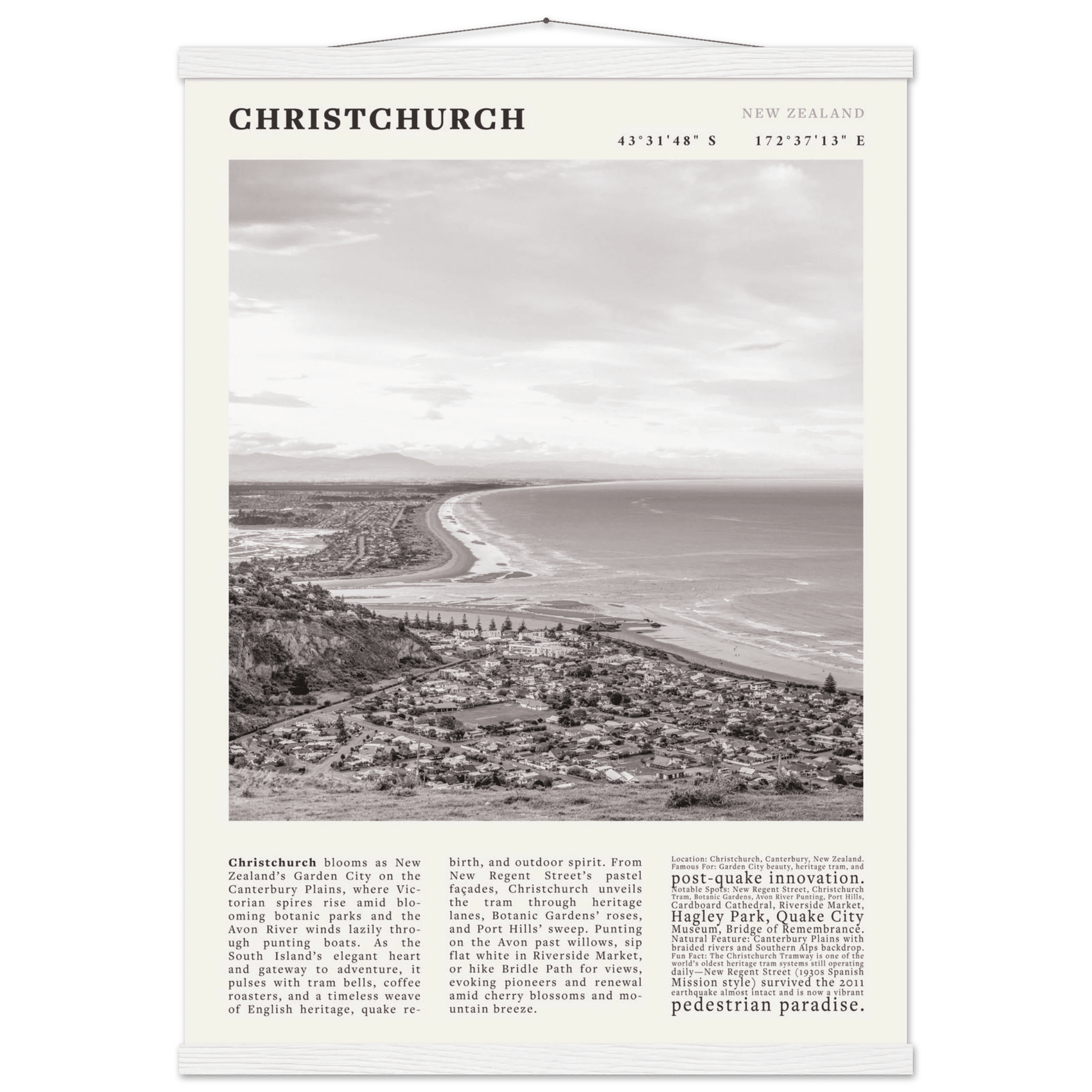 Christchurch New Zealand Poster Black and White – Vintage Garden City Panorama Print - Evergreen Posters