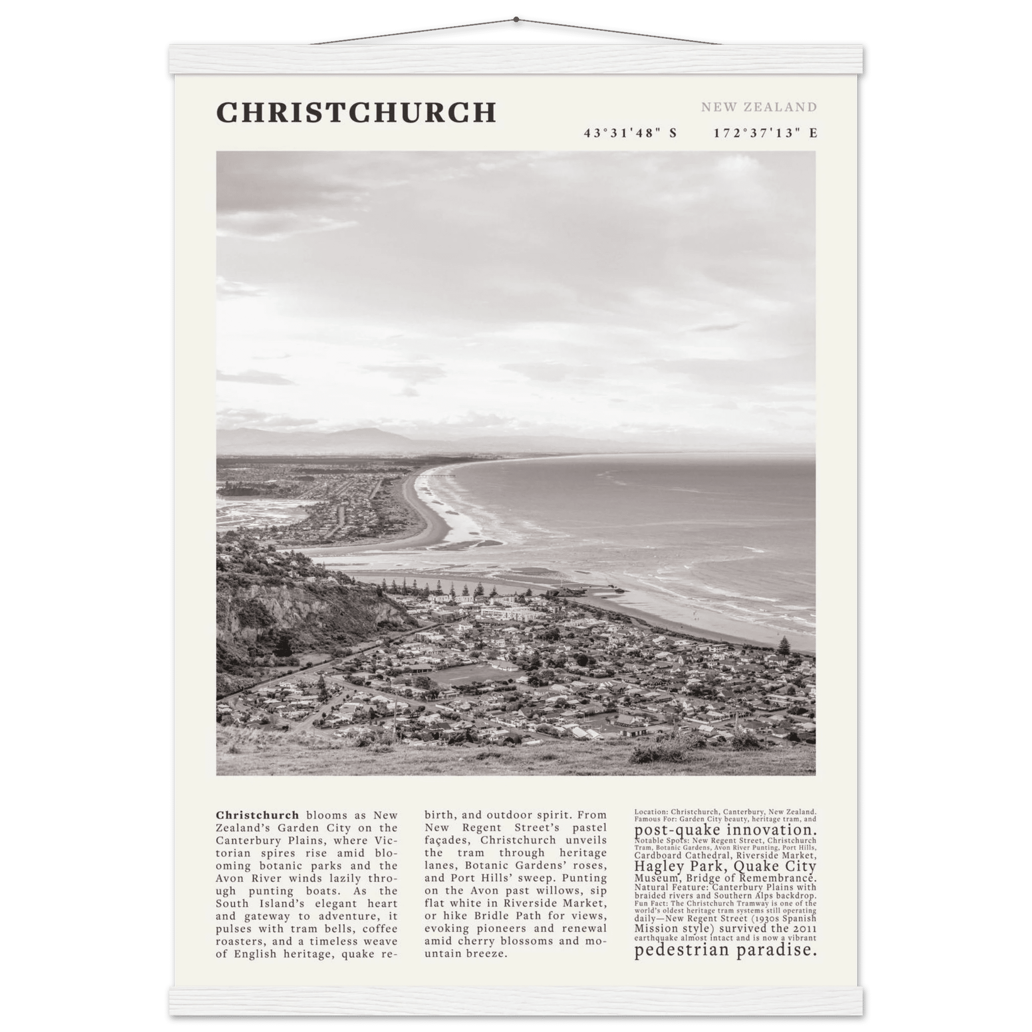 Christchurch New Zealand Poster Black and White – Vintage Garden City Panorama Print - Evergreen Posters