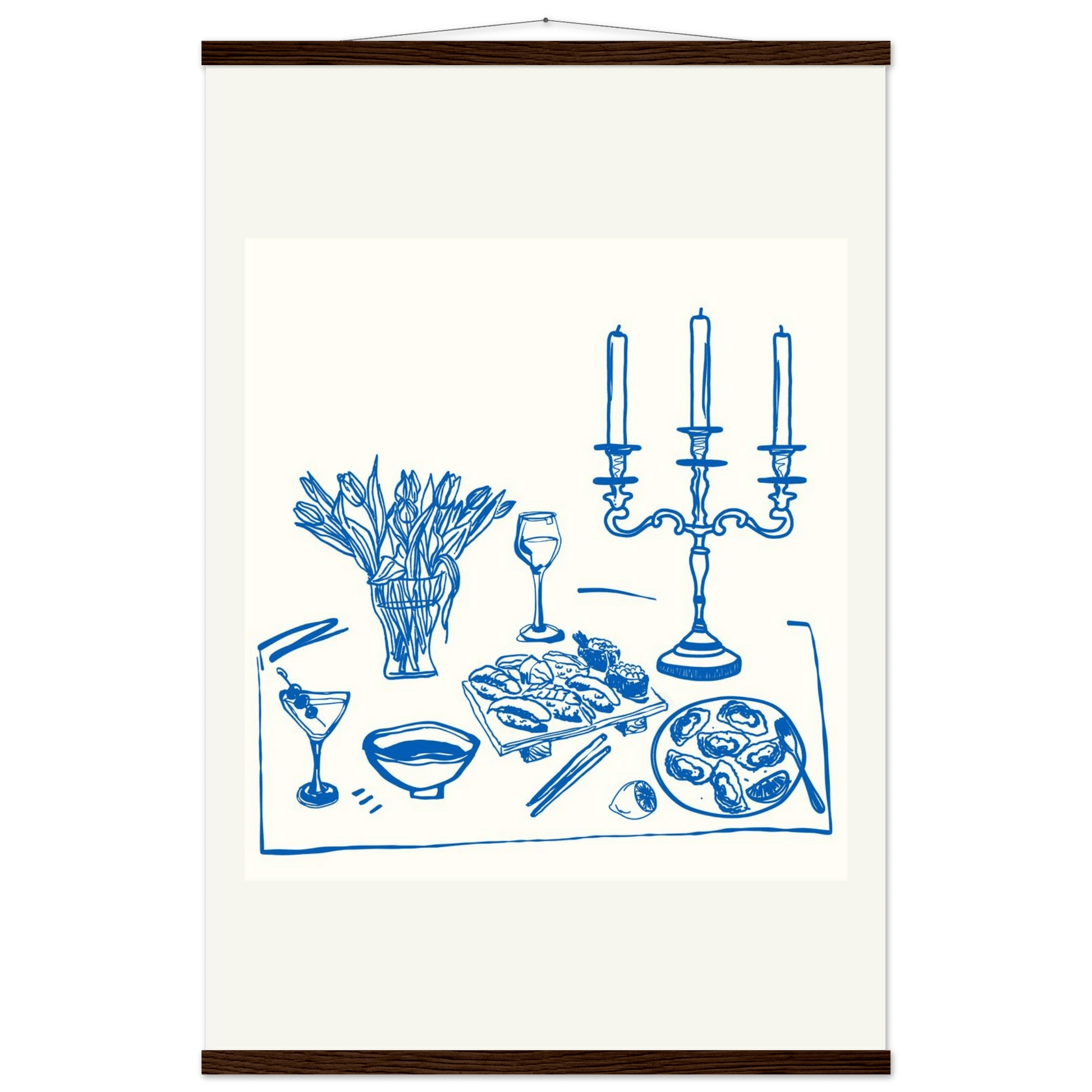 Fine Dining Table Print | Blue Line Art Kitchen Wall Art | Elegant Dining Room Poster - Evergreen Posters