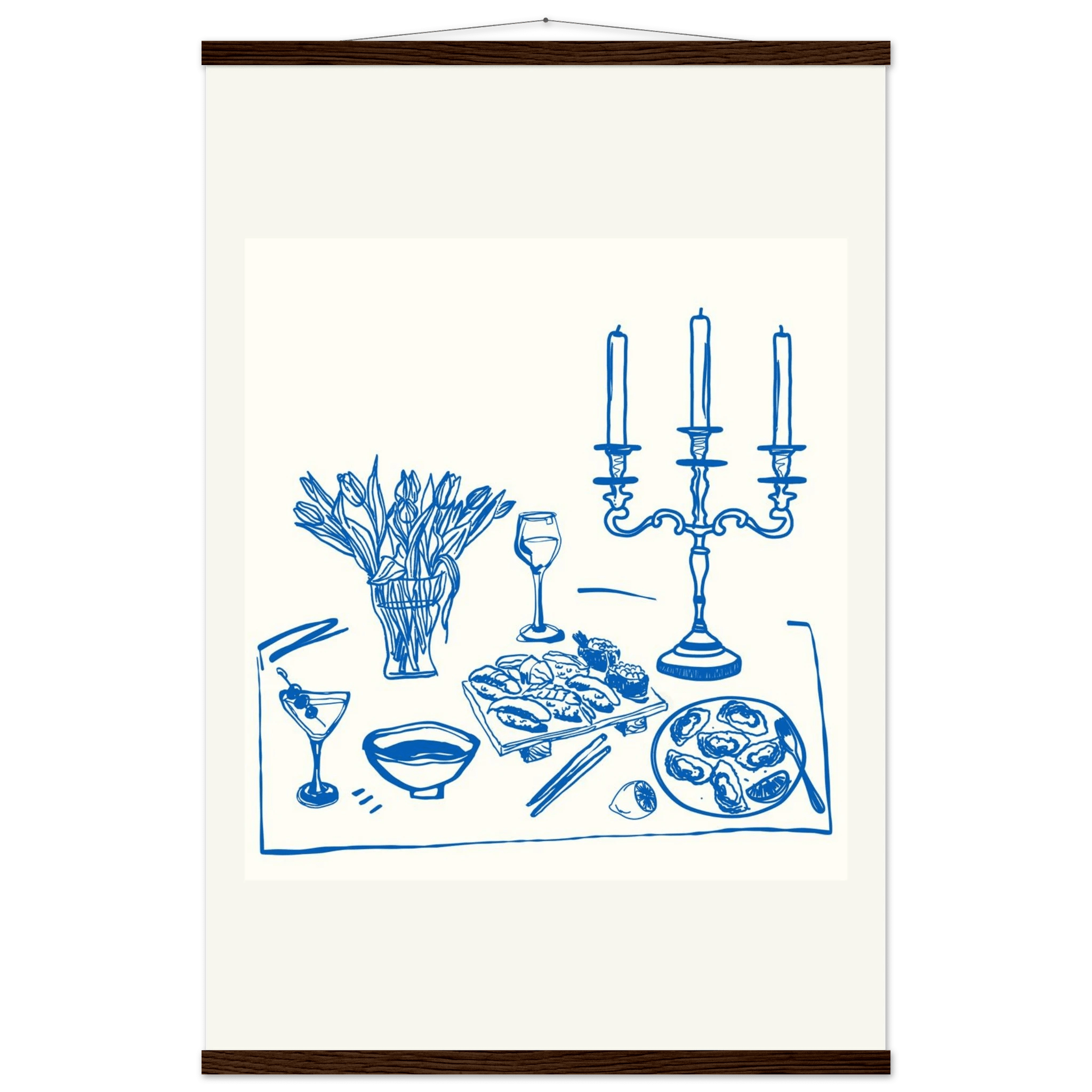 Fine Dining Table Print | Blue Line Art Kitchen Wall Art | Elegant Dining Room Poster - Evergreen Posters