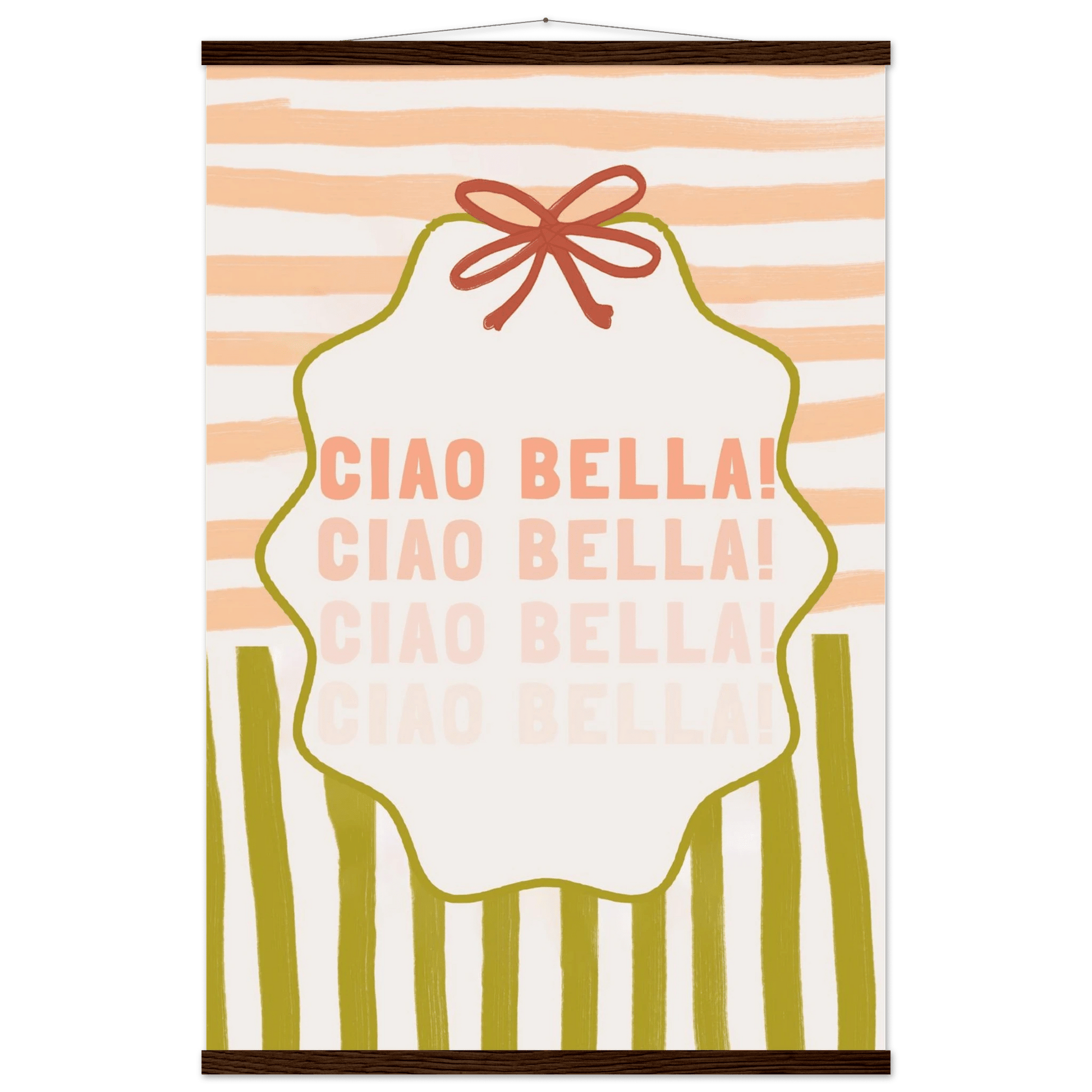 Ciao Bella Poster | Italian Typography Wall Art | Retro Stripe Bow Print | Cute Room Decor - Evergreen Posters