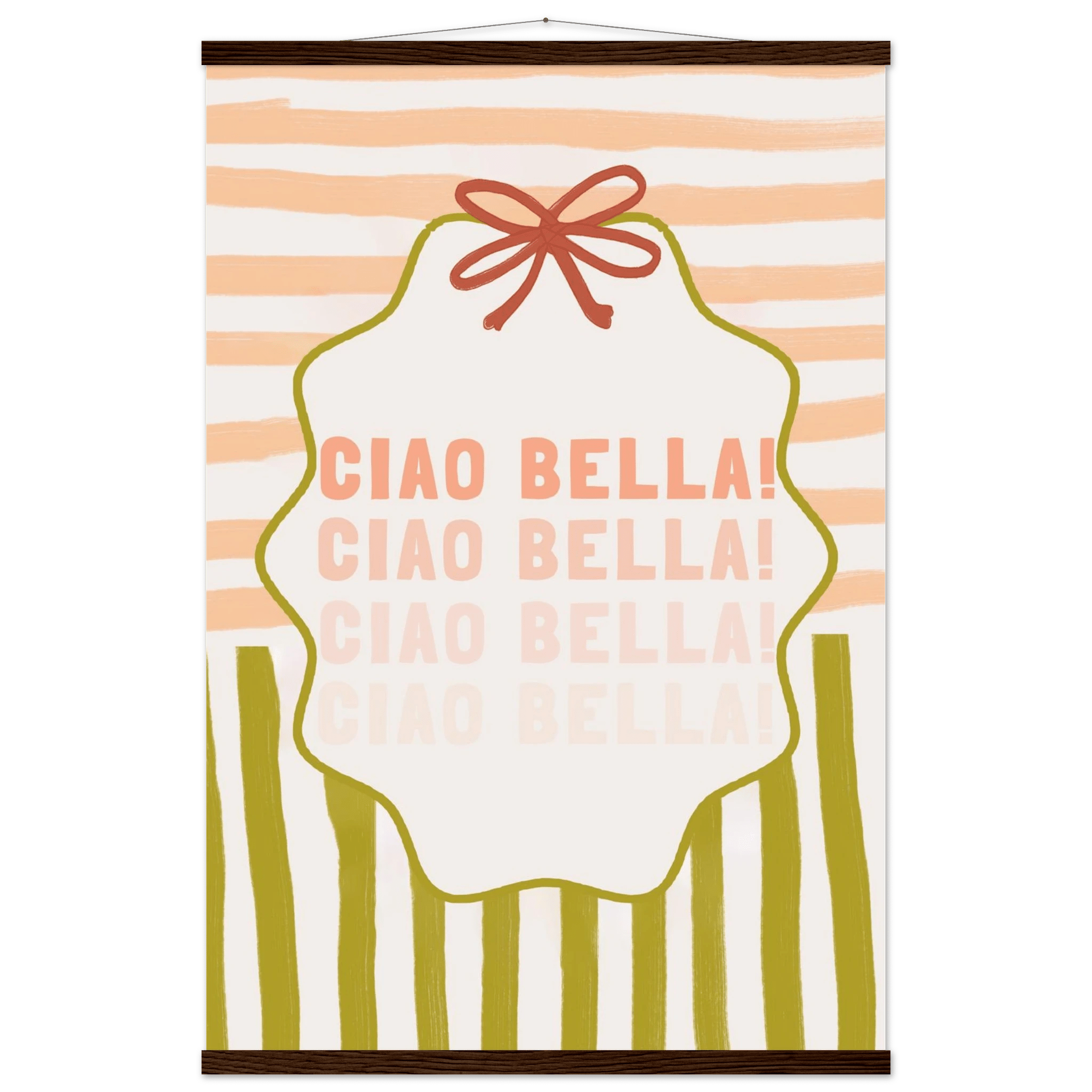 Ciao Bella Poster | Italian Typography Wall Art | Retro Stripe Bow Print | Cute Room Decor - Evergreen Posters