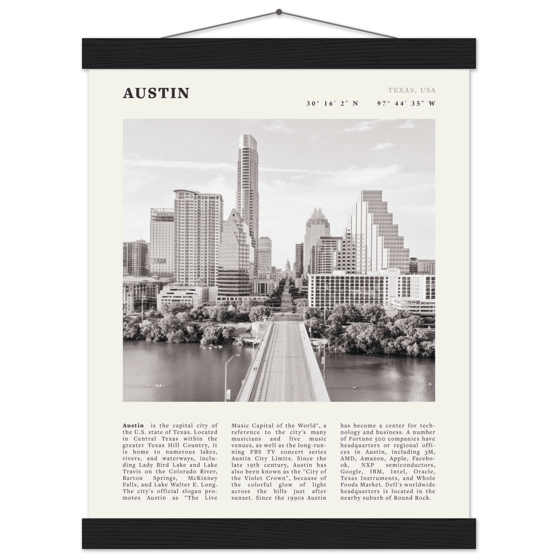 Austin Poster | Black & White Texas Skyline Wall Art | City Travel Print Decor - Evergreen Posters