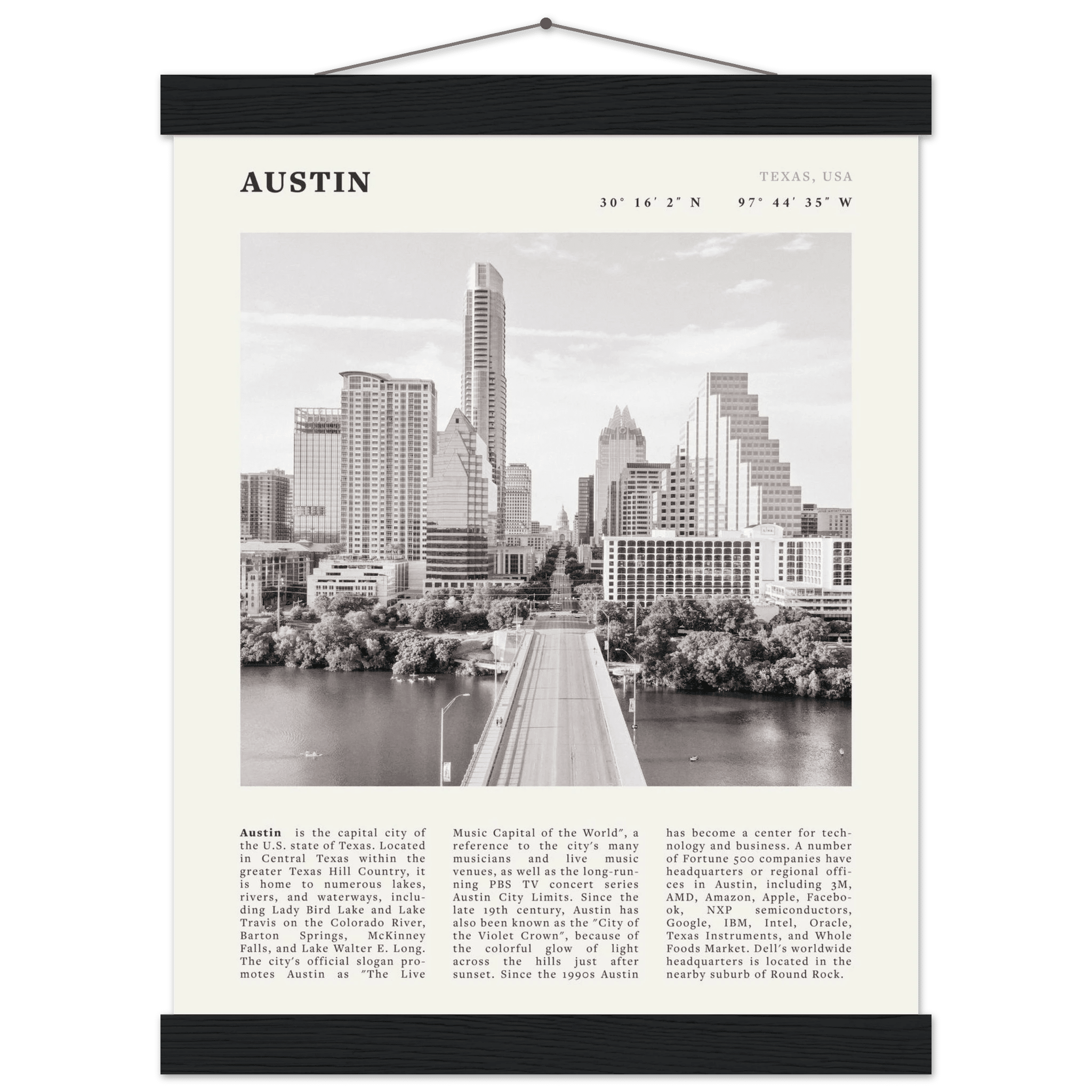 Austin Poster | Black & White Texas Skyline Wall Art | City Travel Print Decor - Evergreen Posters