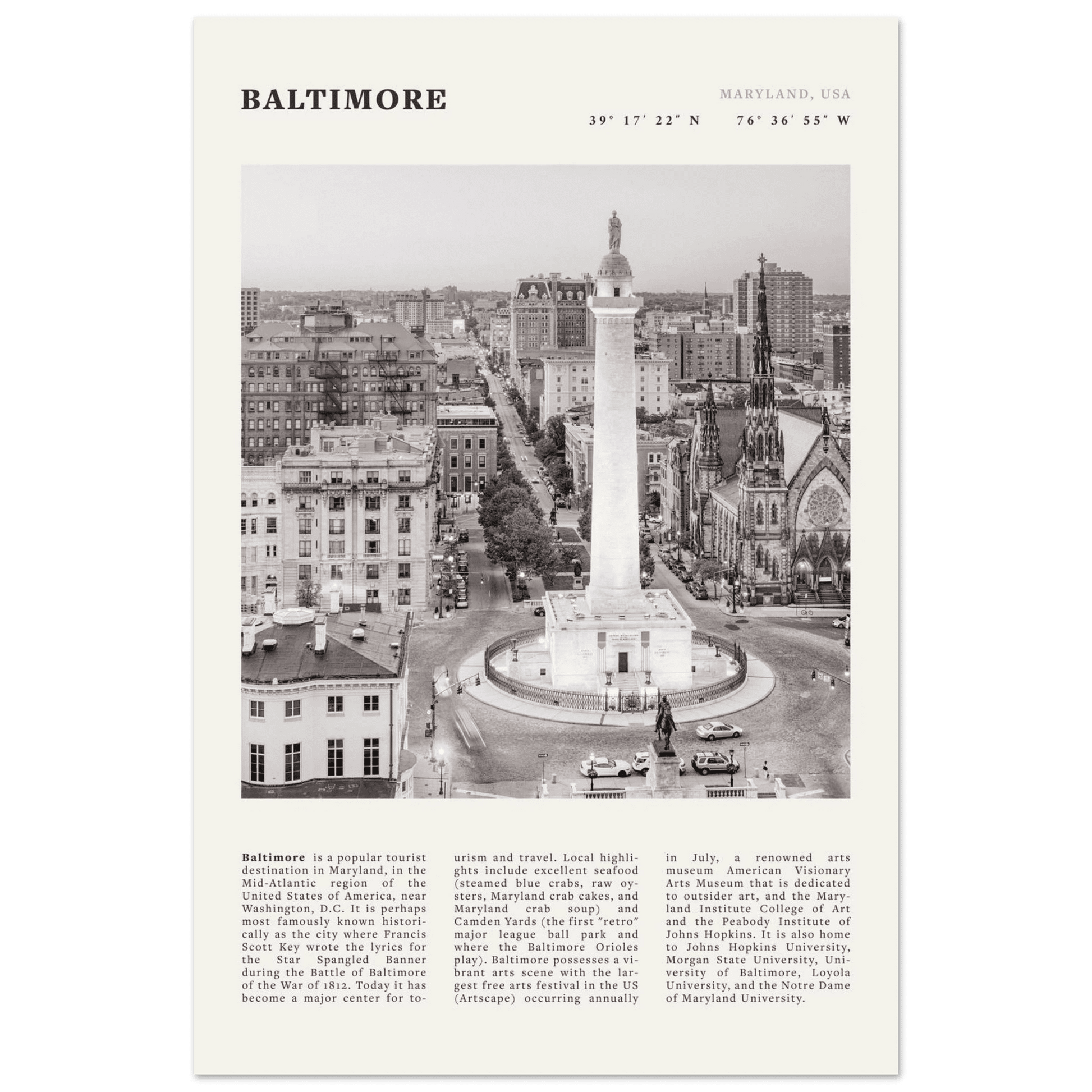 Baltimore Poster | Black & White Maryland City Wall Art | USA Travel Print - Evergreen Posters
