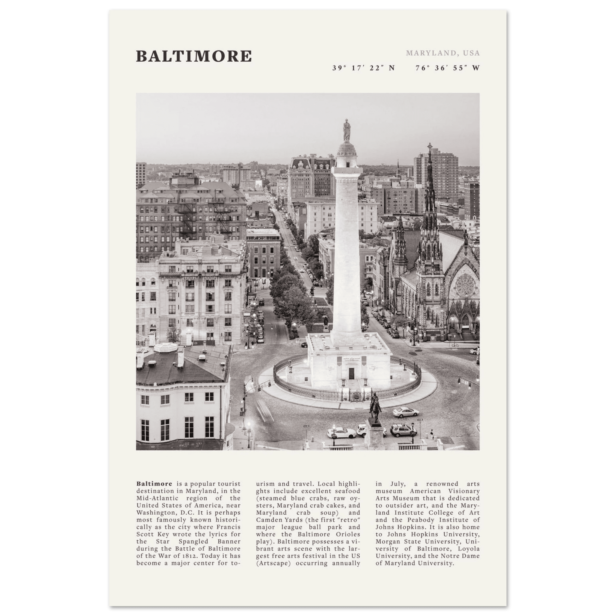 Baltimore Poster | Black & White Maryland City Wall Art | USA Travel Print - Evergreen Posters