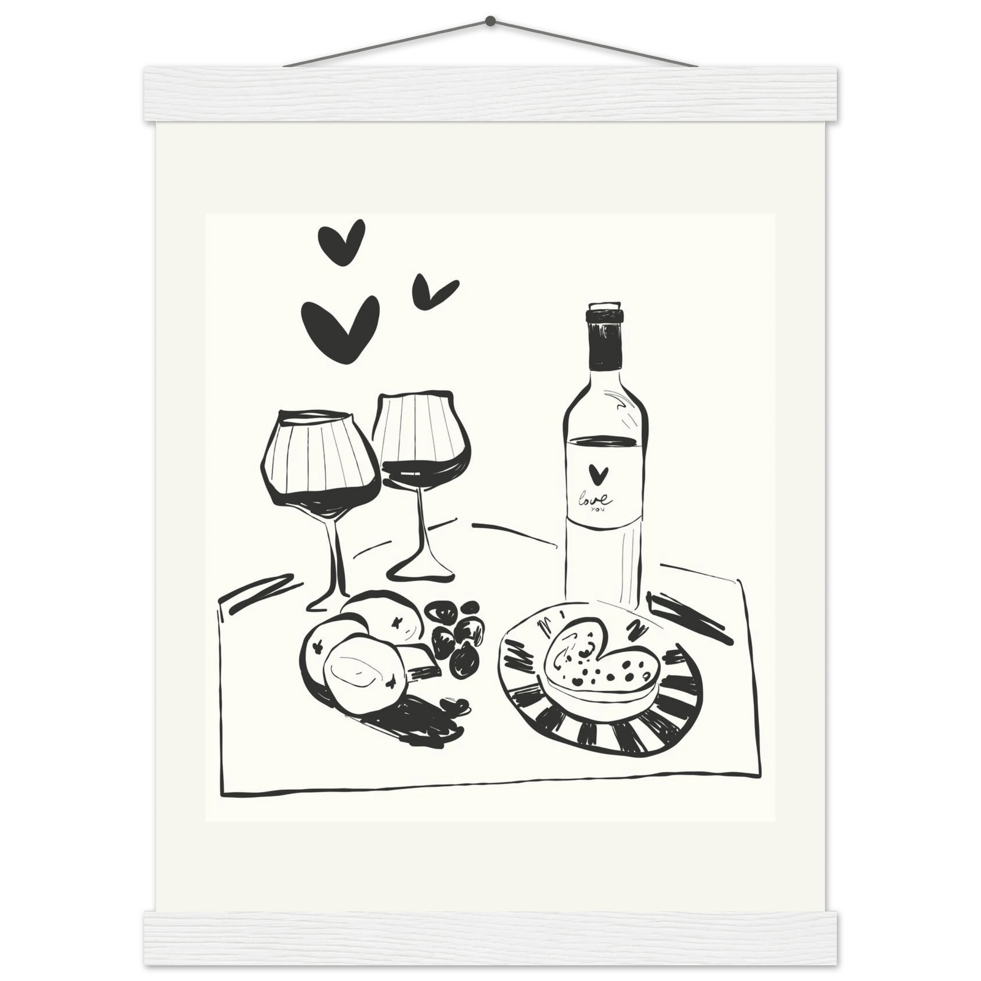 Wine for Two Print | Black Line Art Romantic Kitchen Wall Art | Couples Poster - Evergreen Posters