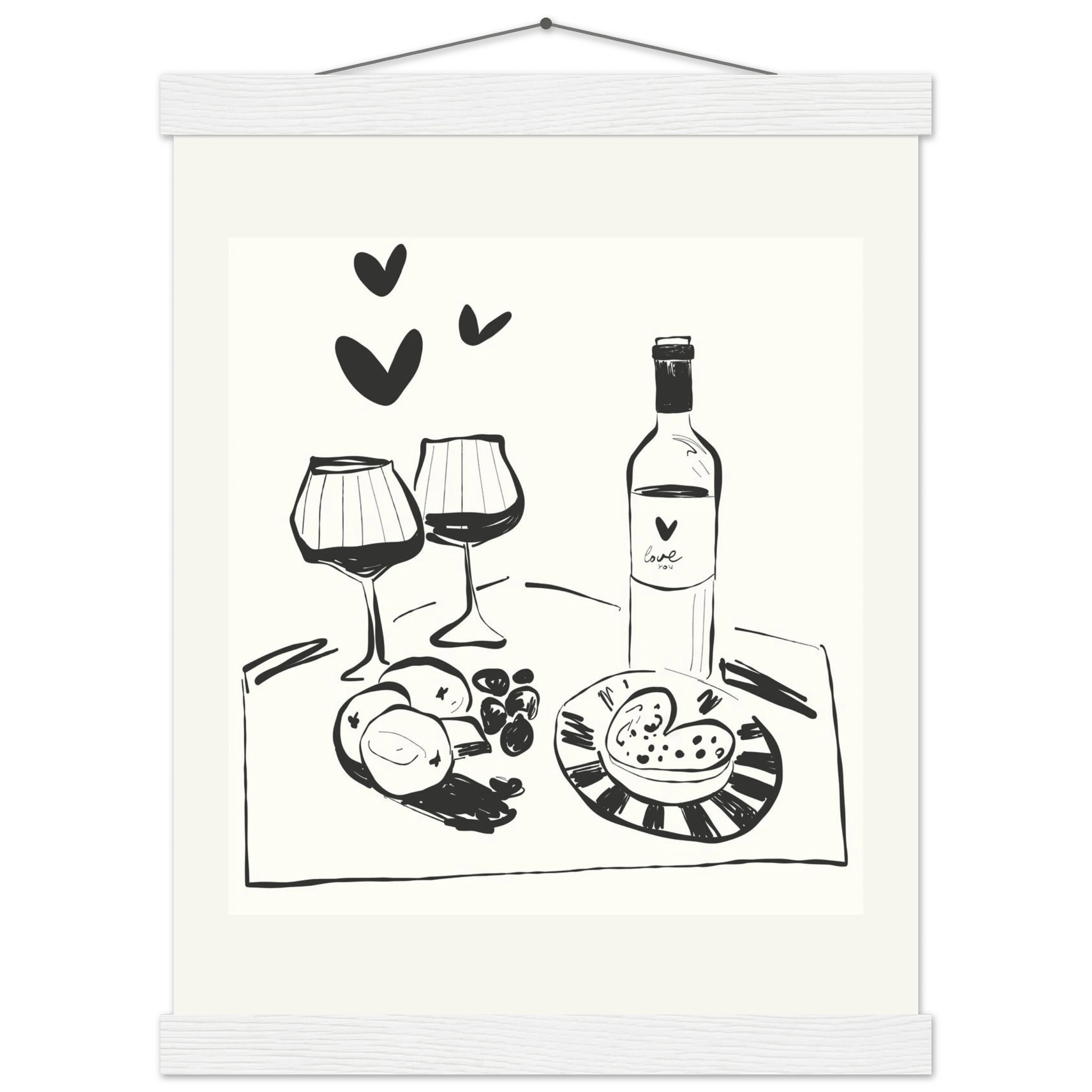 Wine for Two Print | Black Line Art Romantic Kitchen Wall Art | Couples Poster - Evergreen Posters