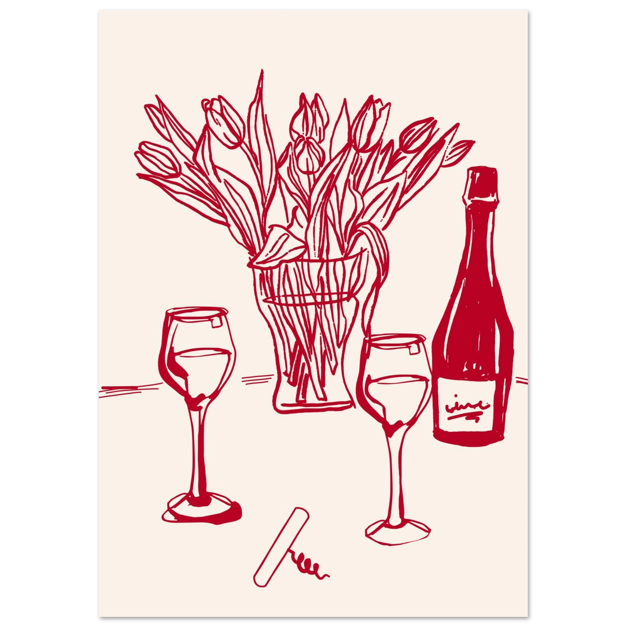 Red Wine & Tulips Print | Line Art Wine Bottle Wall Art | Kitchen Poster - Evergreen Posters