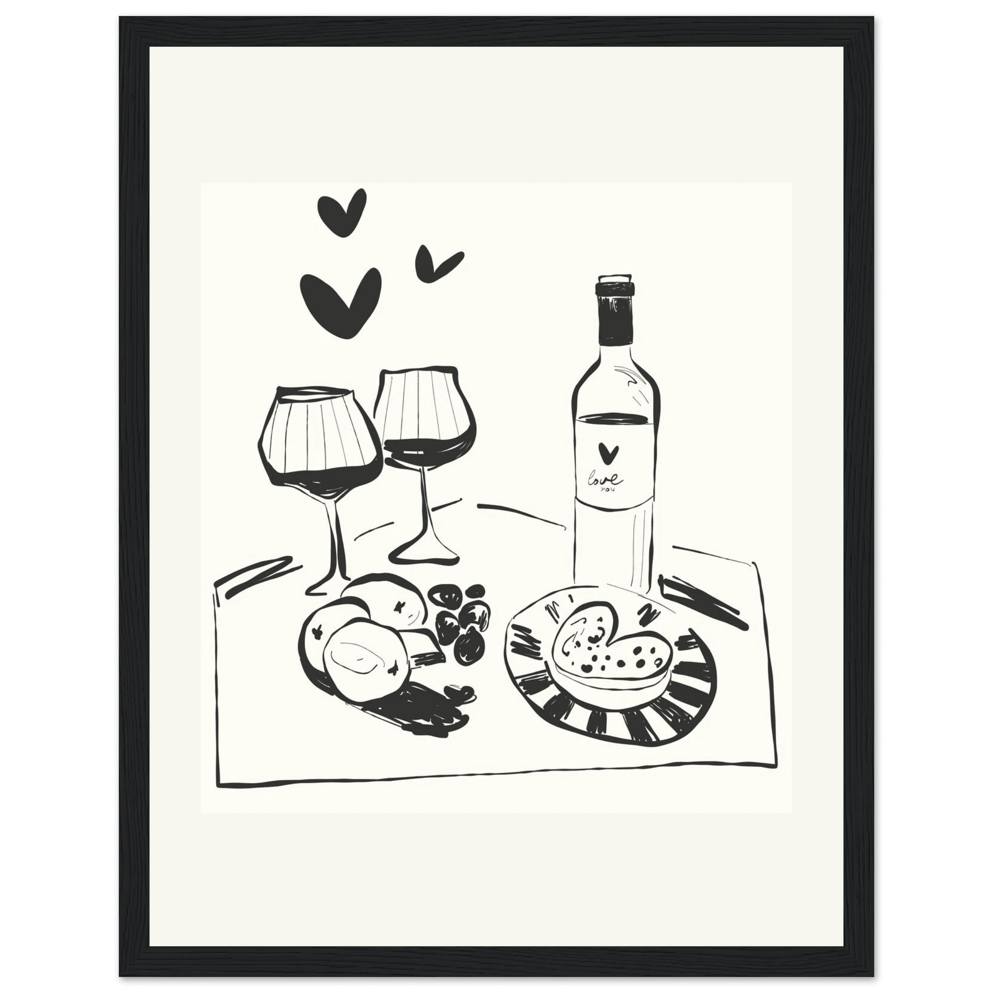 Wine for Two Print | Black Line Art Romantic Kitchen Wall Art | Couples Poster - Evergreen Posters