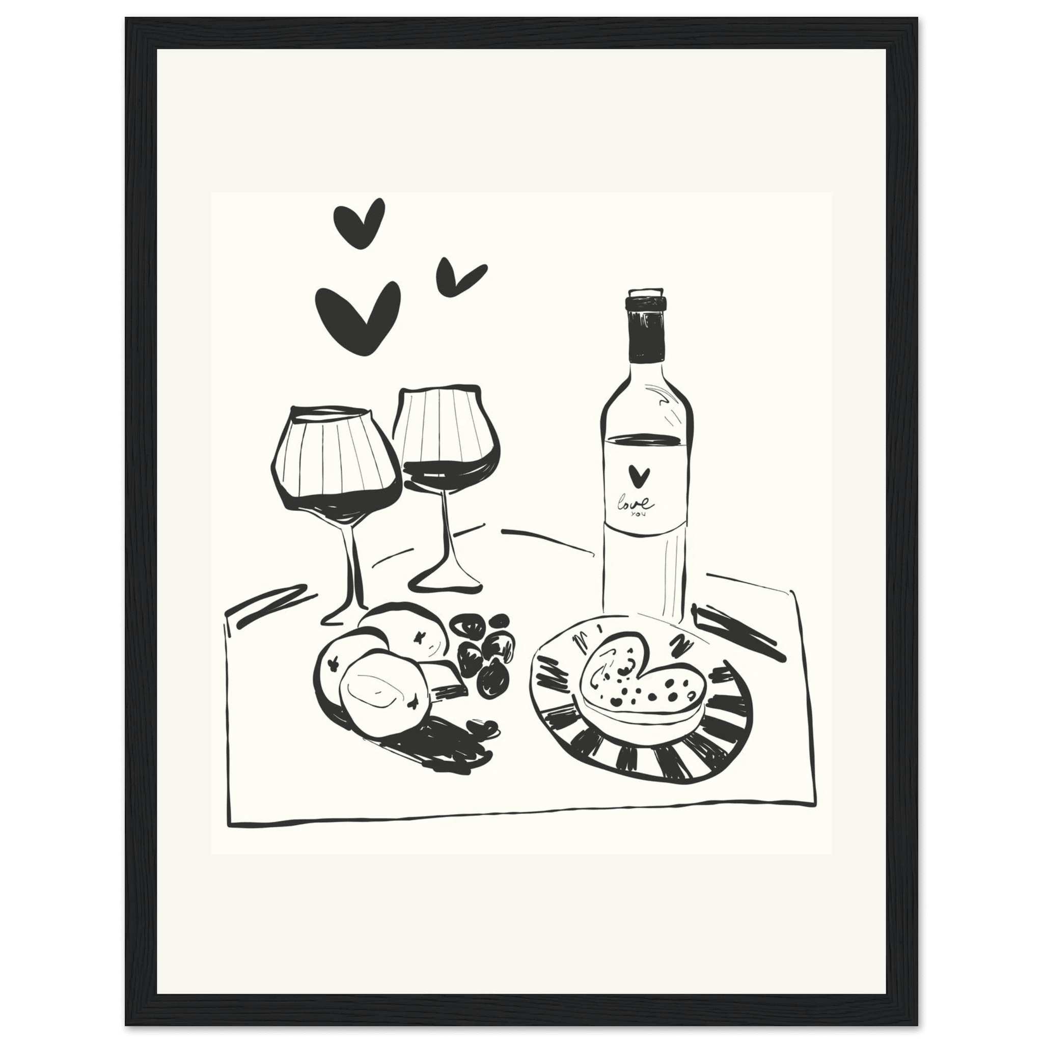 Wine for Two Print | Black Line Art Romantic Kitchen Wall Art | Couples Poster - Evergreen Posters