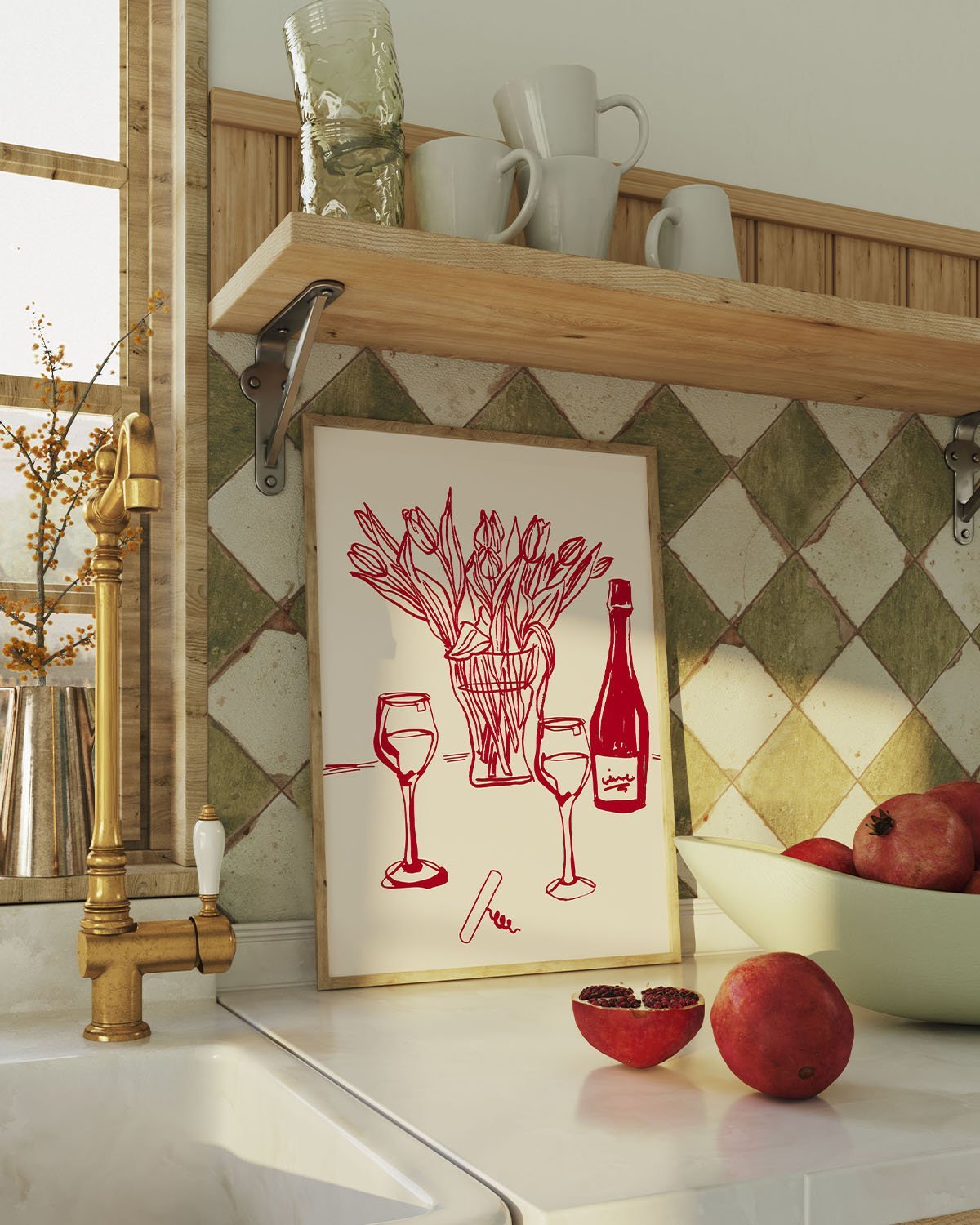 Red Wine & Tulips Print | Line Art Wine Bottle Wall Art | Kitchen Poster - Evergreen Posters