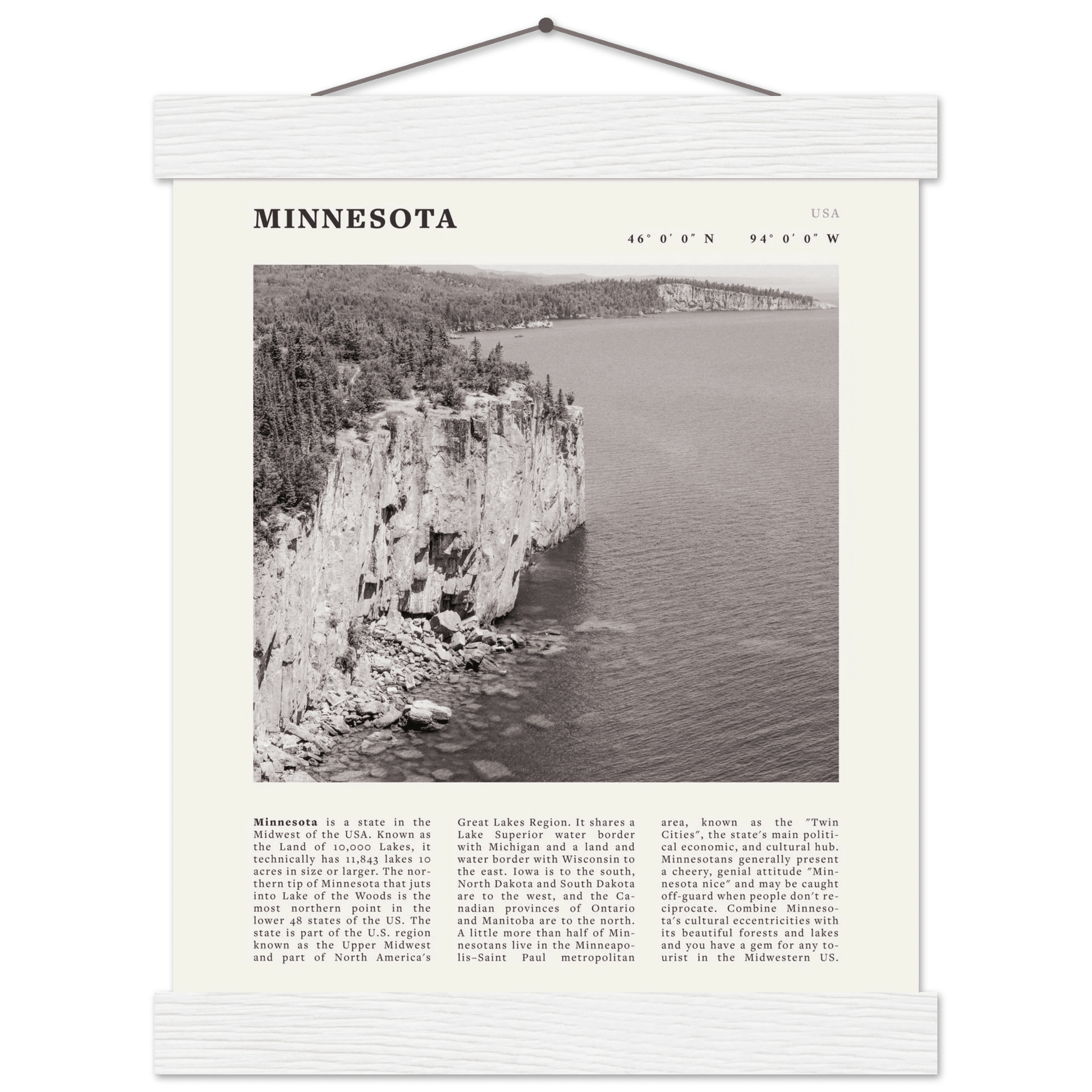 Minnesota Poster | Black & White Lake Superior Wall Art | USA Nature Travel Print - Evergreen Posters
