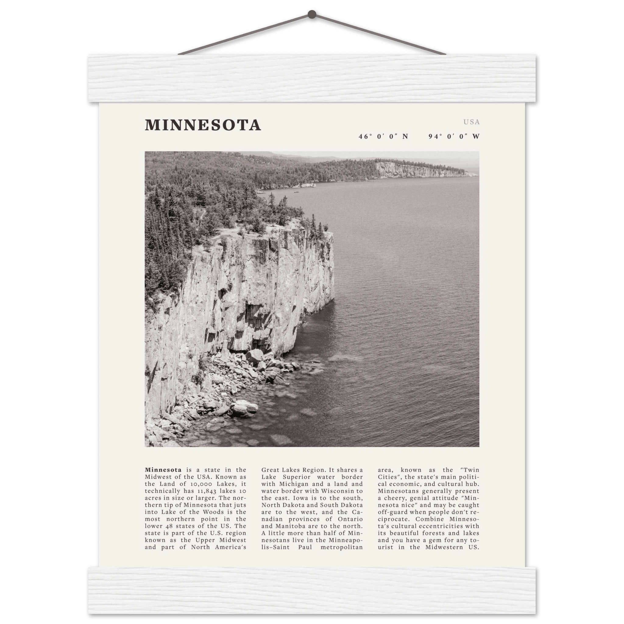 Minnesota Poster | Black & White Lake Superior Wall Art | USA Nature Travel Print - Evergreen Posters