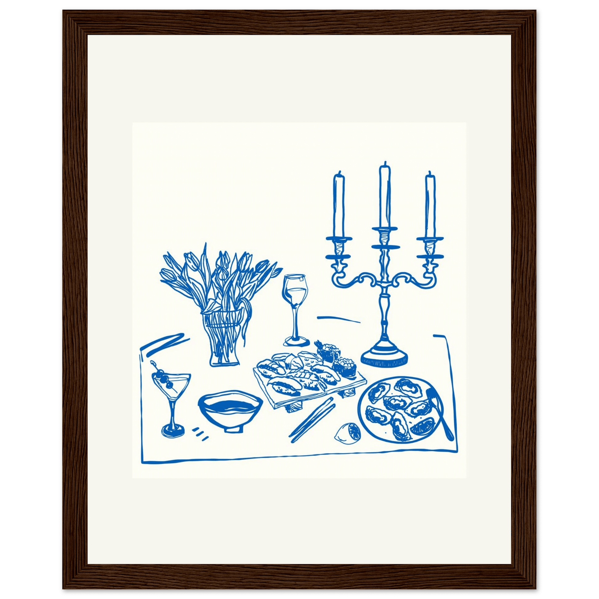 Fine Dining Table Print | Blue Line Art Kitchen Wall Art | Elegant Dining Room Poster - Evergreen Posters