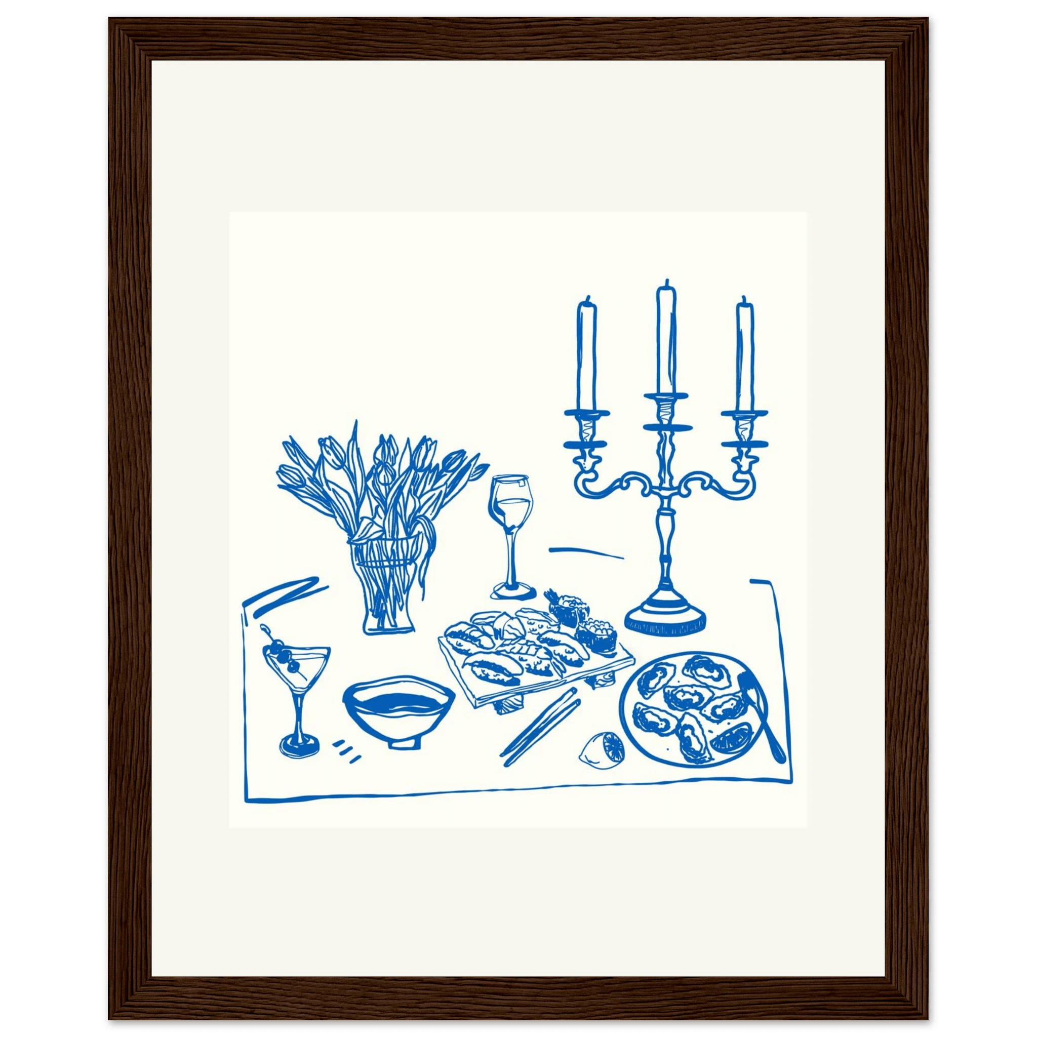 Fine Dining Table Print | Blue Line Art Kitchen Wall Art | Elegant Dining Room Poster - Evergreen Posters