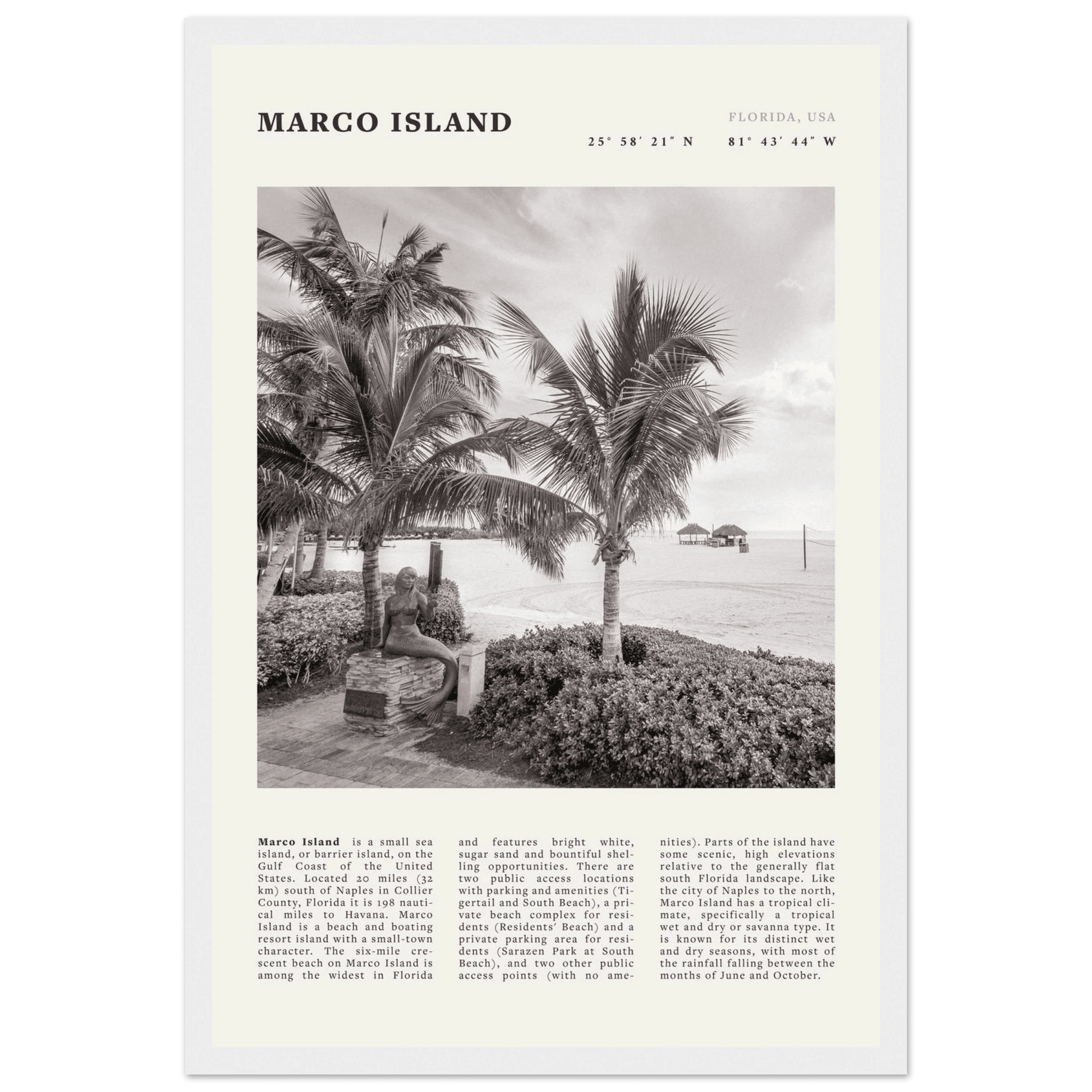Marco Island Poster | Black & White Florida Beach Wall Art | Coastal Travel Print - Evergreen Posters