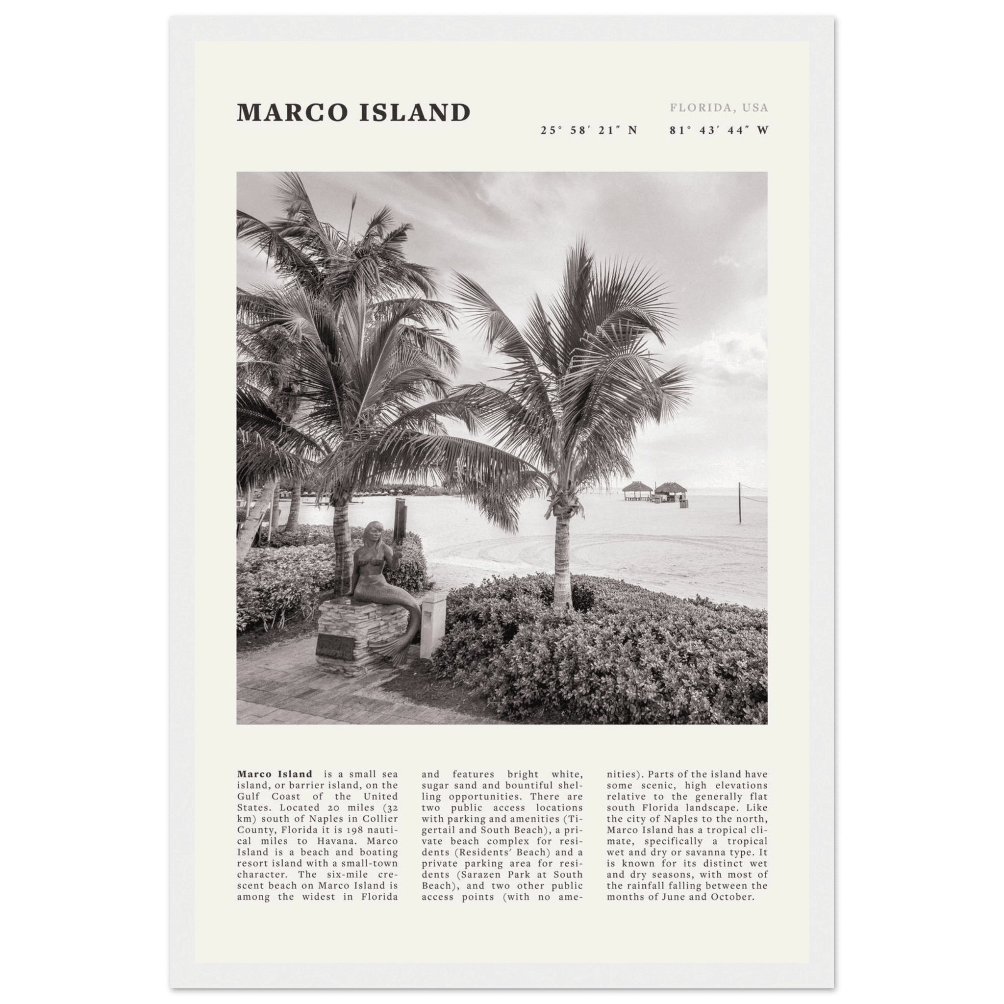 Marco Island Poster | Black & White Florida Beach Wall Art | Coastal Travel Print - Evergreen Posters