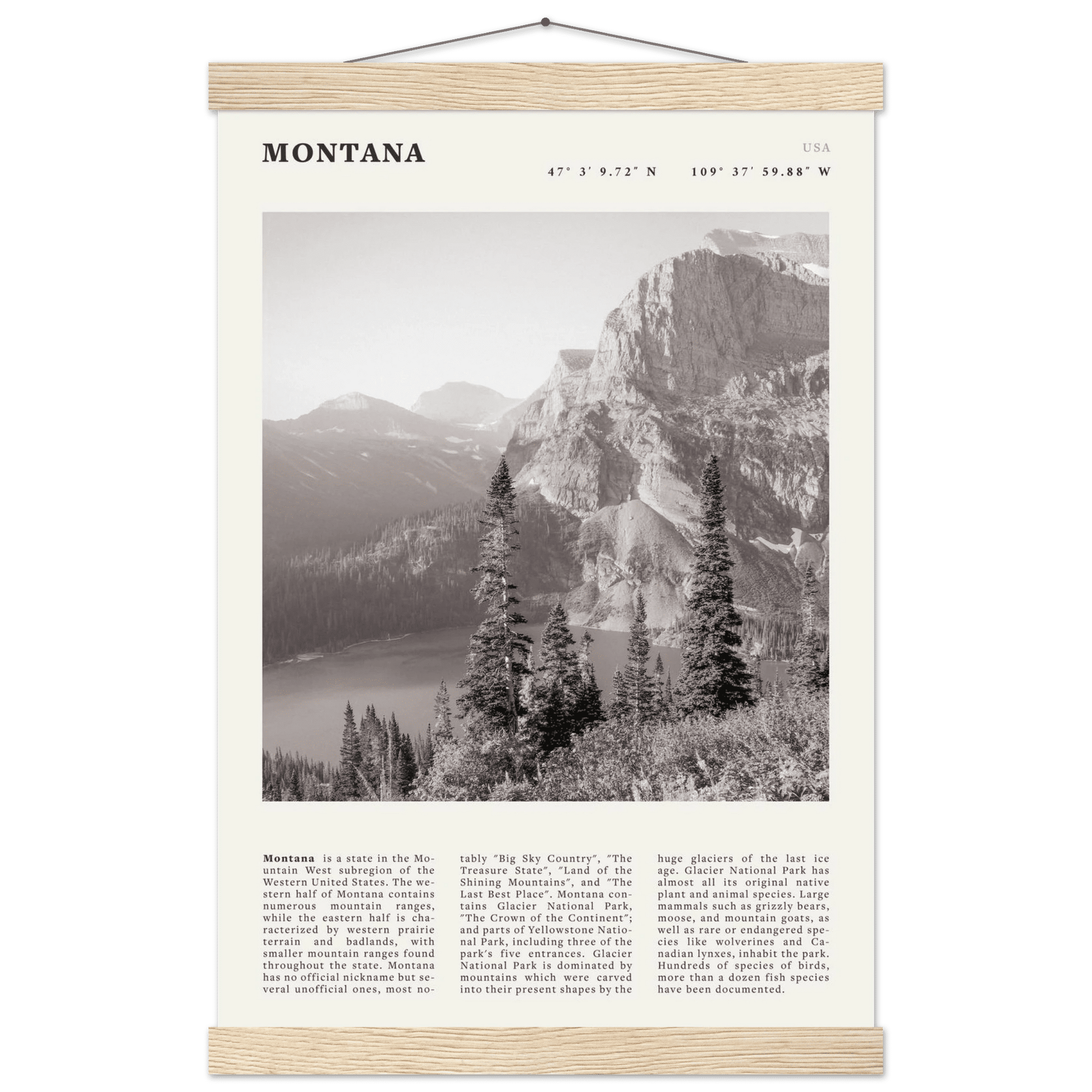 Montana Poster | Black & White Glacier National Park Wall Art | Nature Travel Print - Evergreen Posters