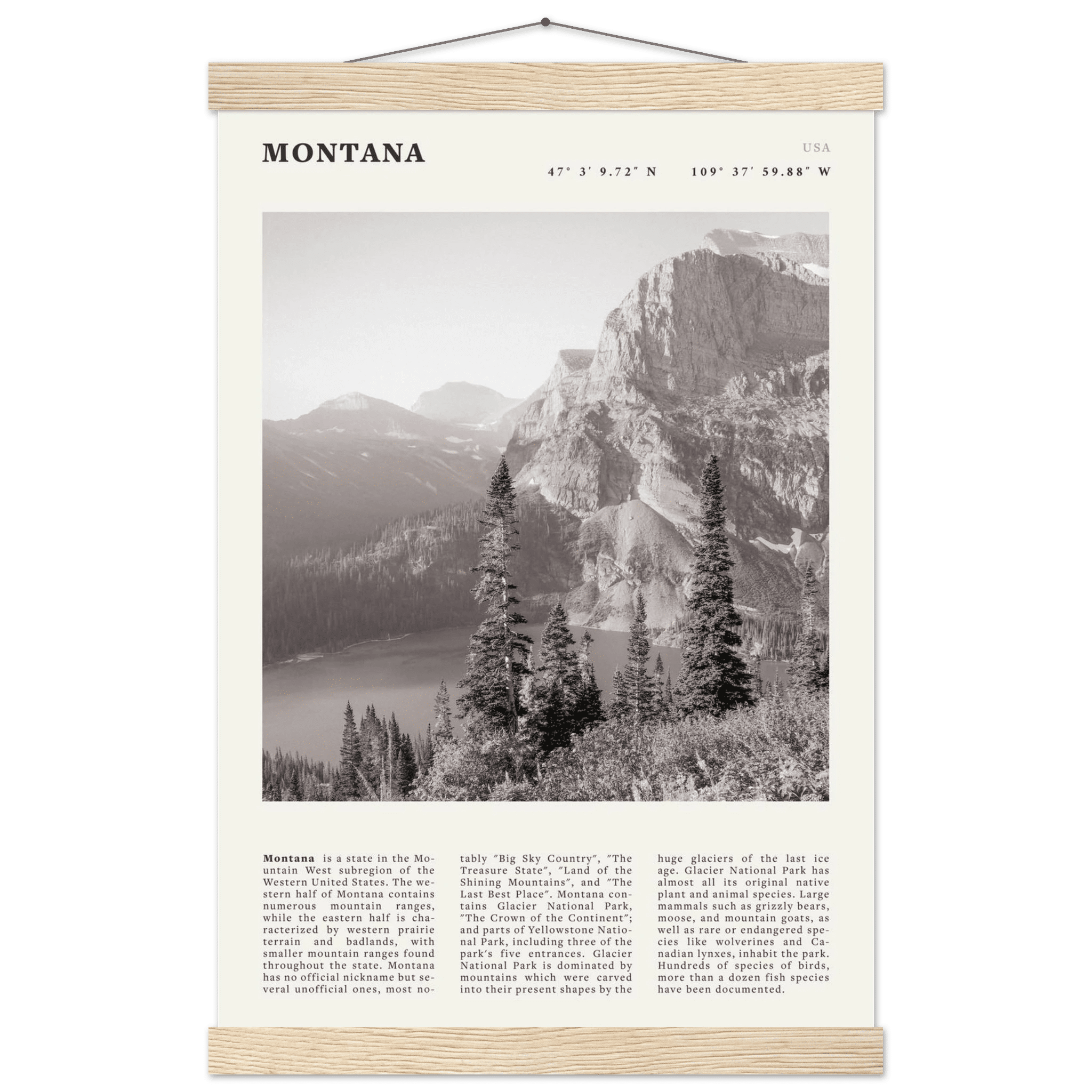 Montana Poster | Black & White Glacier National Park Wall Art | Nature Travel Print - Evergreen Posters