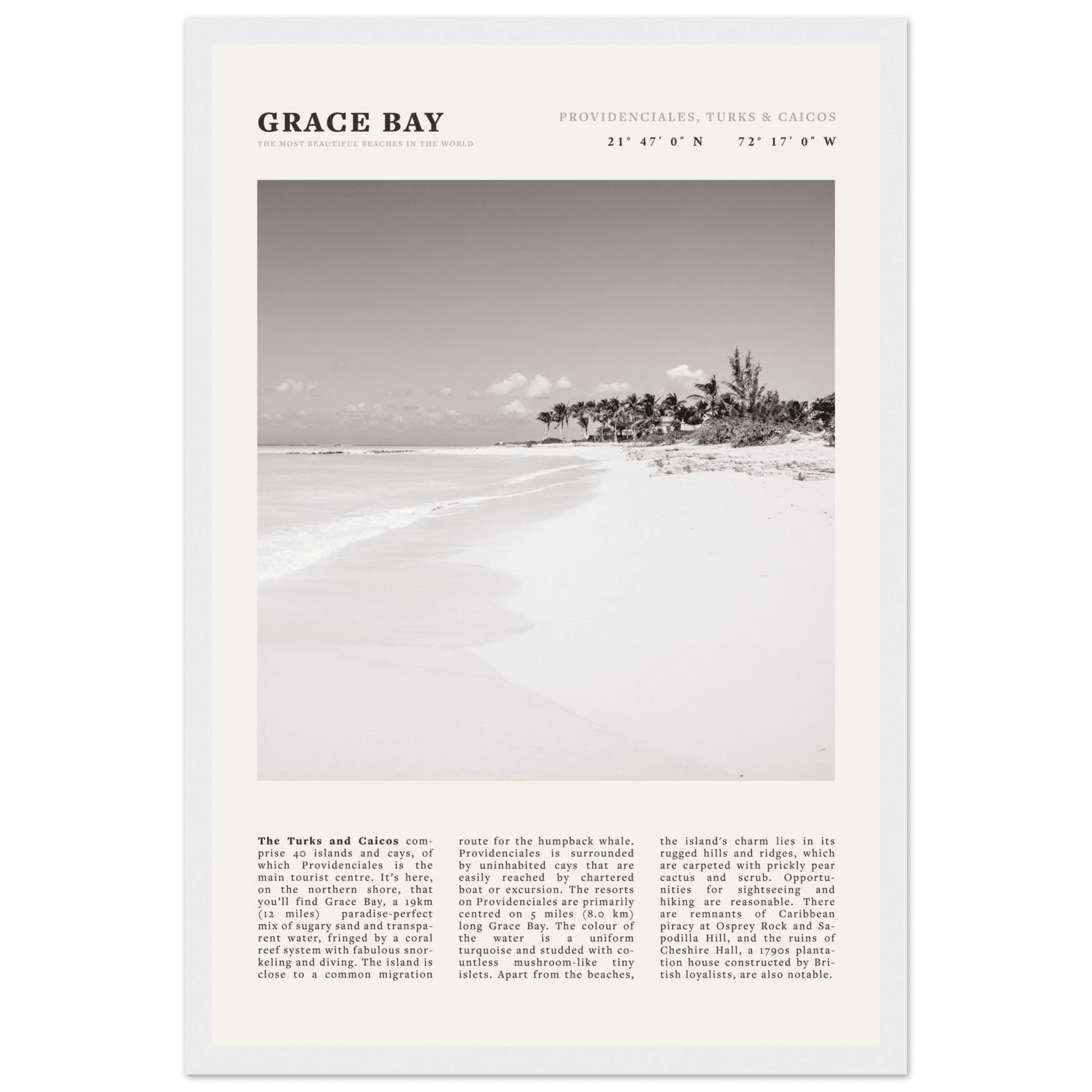 Grace Bay Poster | Black & White Turks & Caicos Wall Art | Caribbean Beach Print - Evergreen Posters