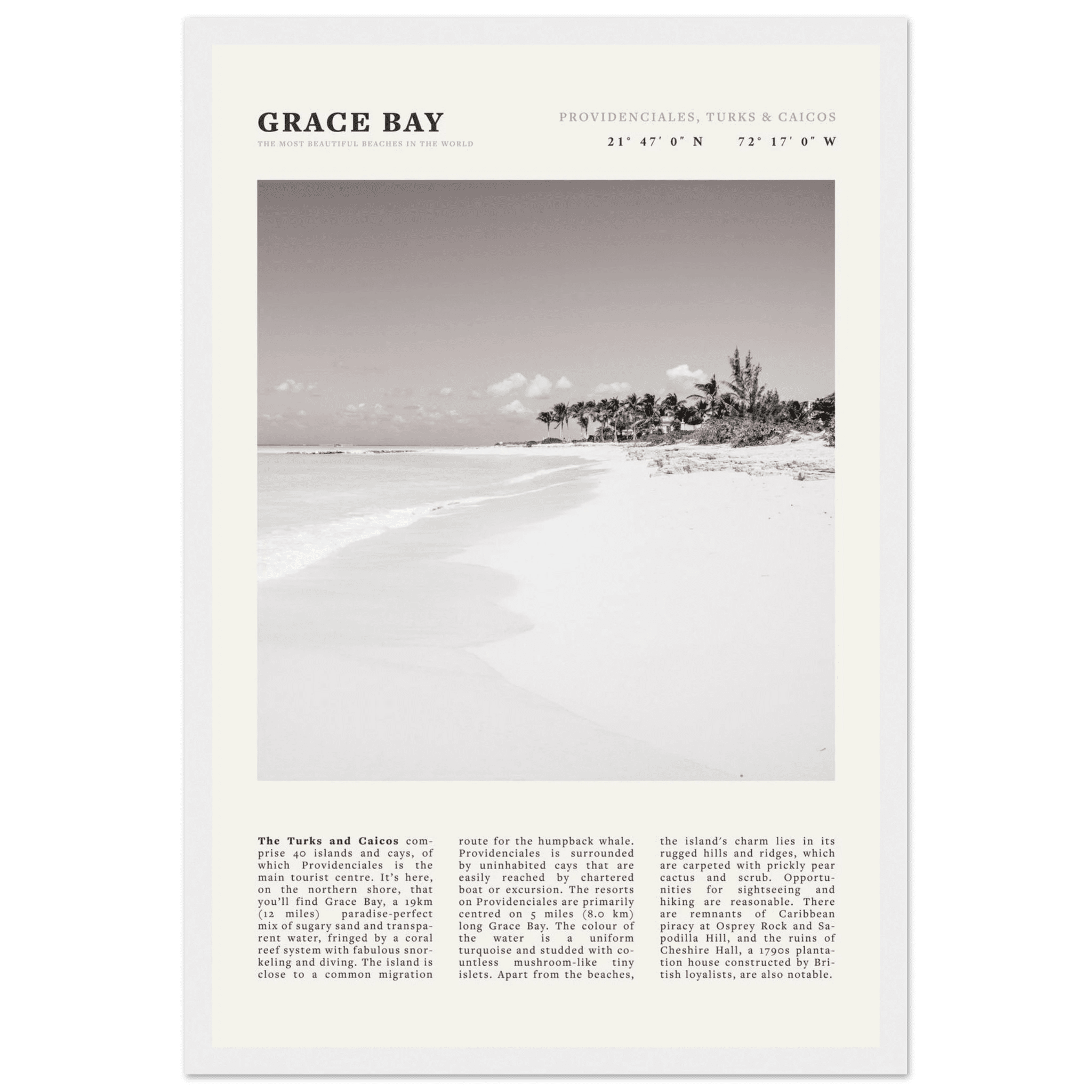 Grace Bay Poster | Black & White Turks & Caicos Wall Art | Caribbean Beach Print - Evergreen Posters