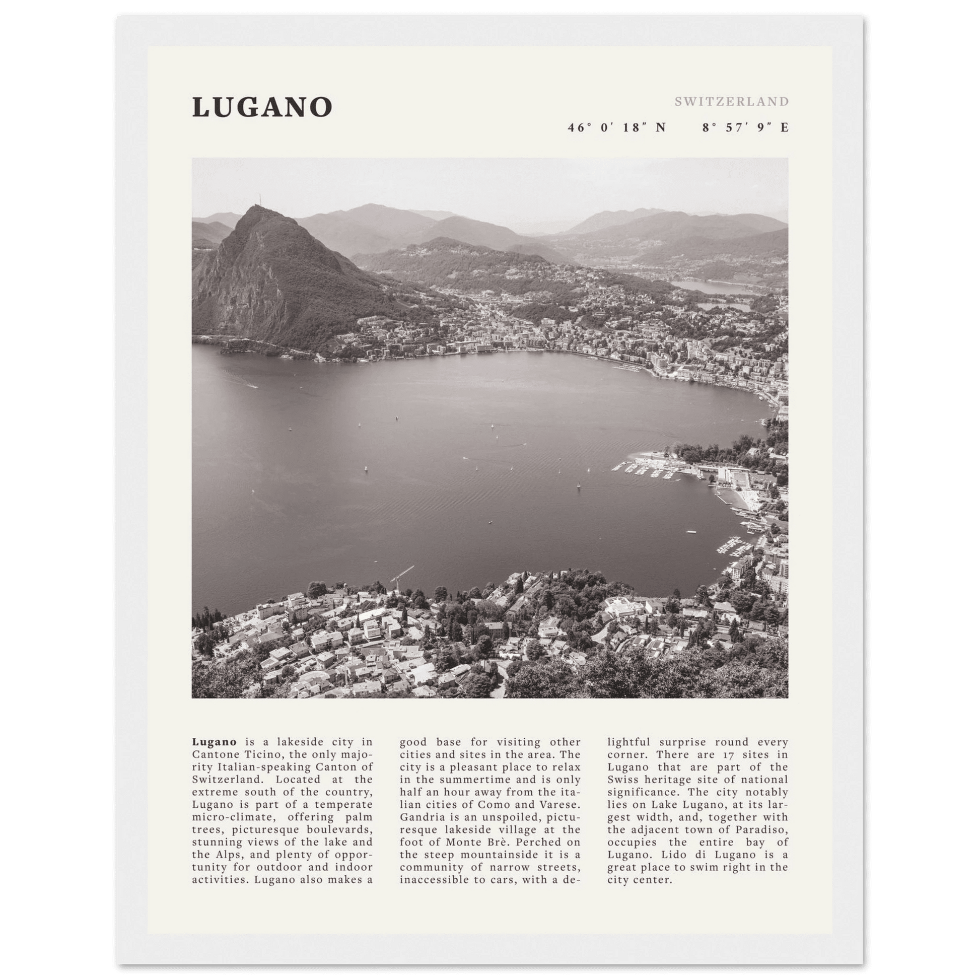 Lugano Poster | Black & White Swiss Lake Wall Art | Switzerland Travel Print - Evergreen Posters