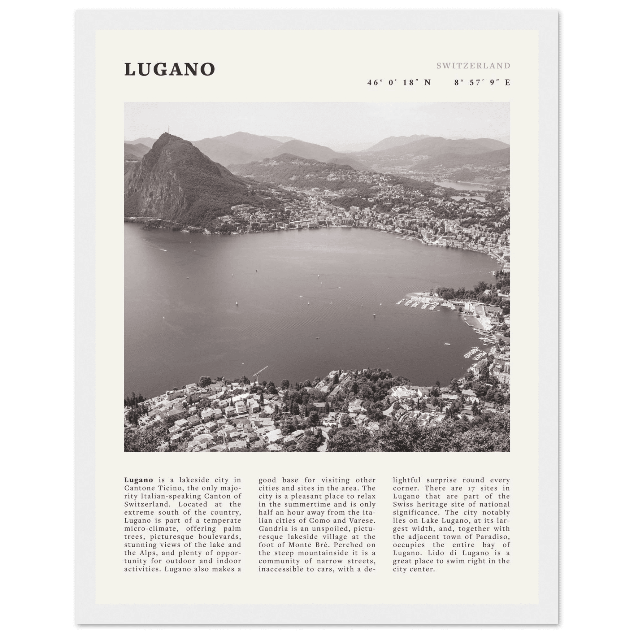 Lugano Poster | Black & White Swiss Lake Wall Art | Switzerland Travel Print - Evergreen Posters