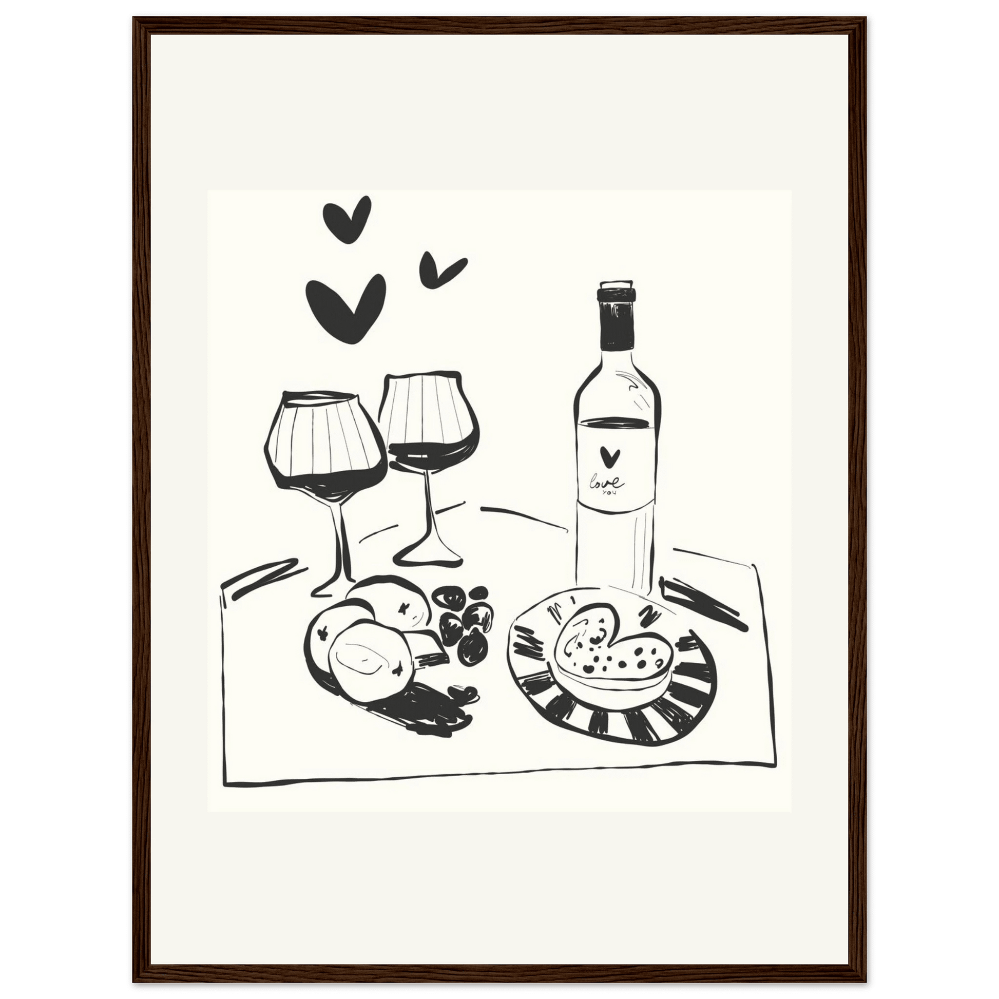 Wine for Two Print | Black Line Art Romantic Kitchen Wall Art | Couples Poster - Evergreen Posters