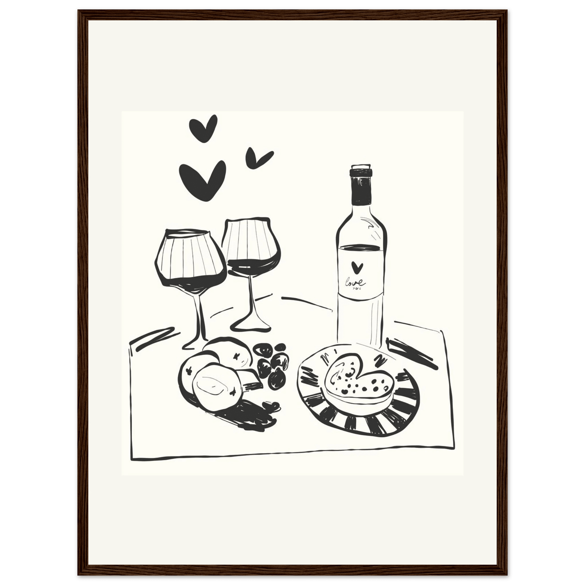 Wine for Two Print | Black Line Art Romantic Kitchen Wall Art | Couples Poster - Evergreen Posters