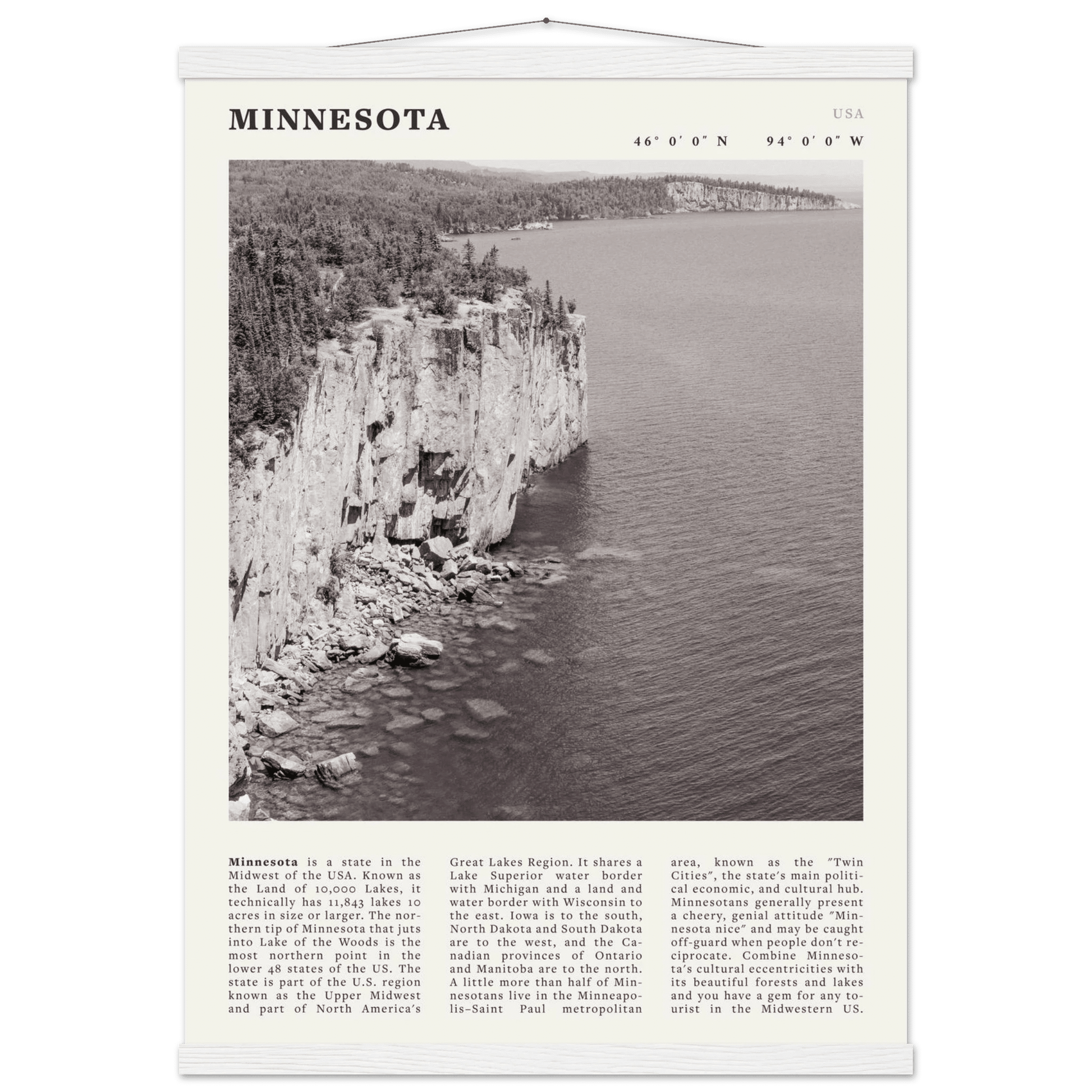 Minnesota Poster | Black & White Lake Superior Wall Art | USA Nature Travel Print - Evergreen Posters