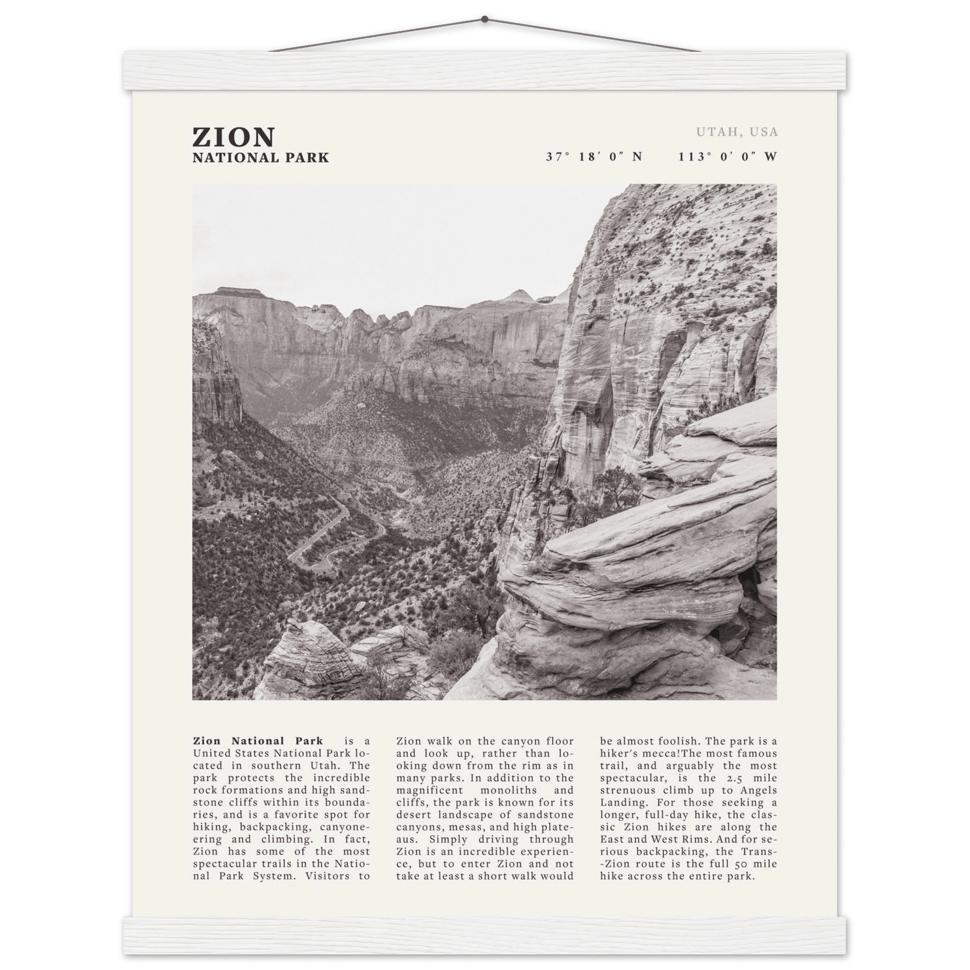 Zion National Park Poster | Black & White Utah Canyon Wall Art | USA Travel Print - Evergreen Posters